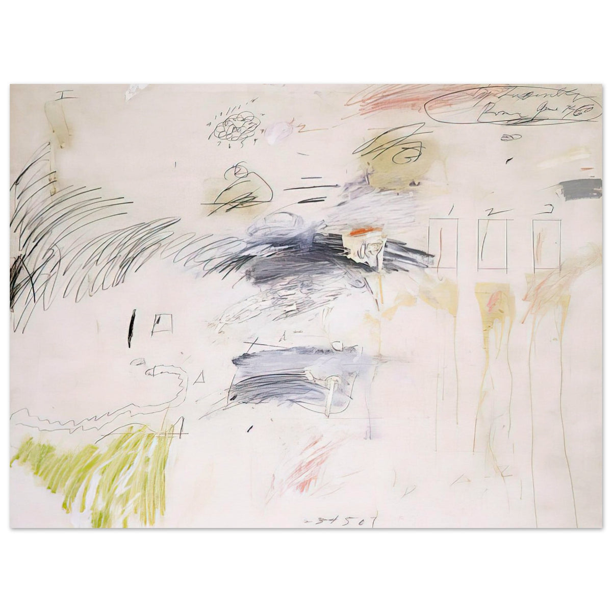 Untitled (Rome, June 1960) by Cy Twombly poster, 40 × 60 cm / 16 × 24 in: This expressive composition features a warm off-white background scattered with spontaneous pencil-like….