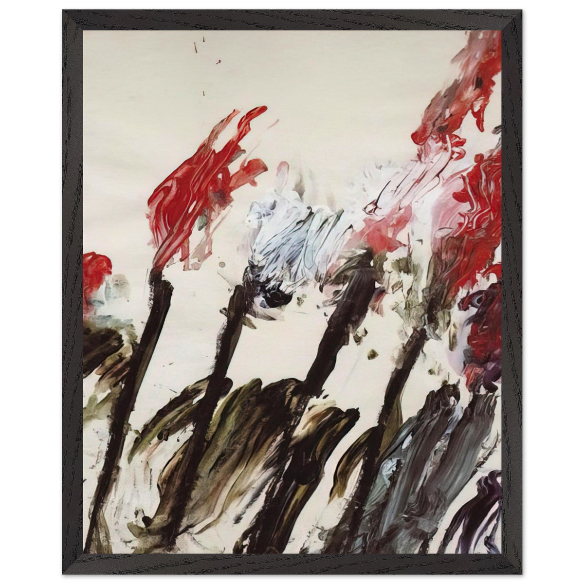 Nicola's Irises by Cy Twombly, framed art print, 50x70 cm / 20x28″, Wood frame; sweeping red and crimson brushstrokes, delicate pink accents, cool blue details