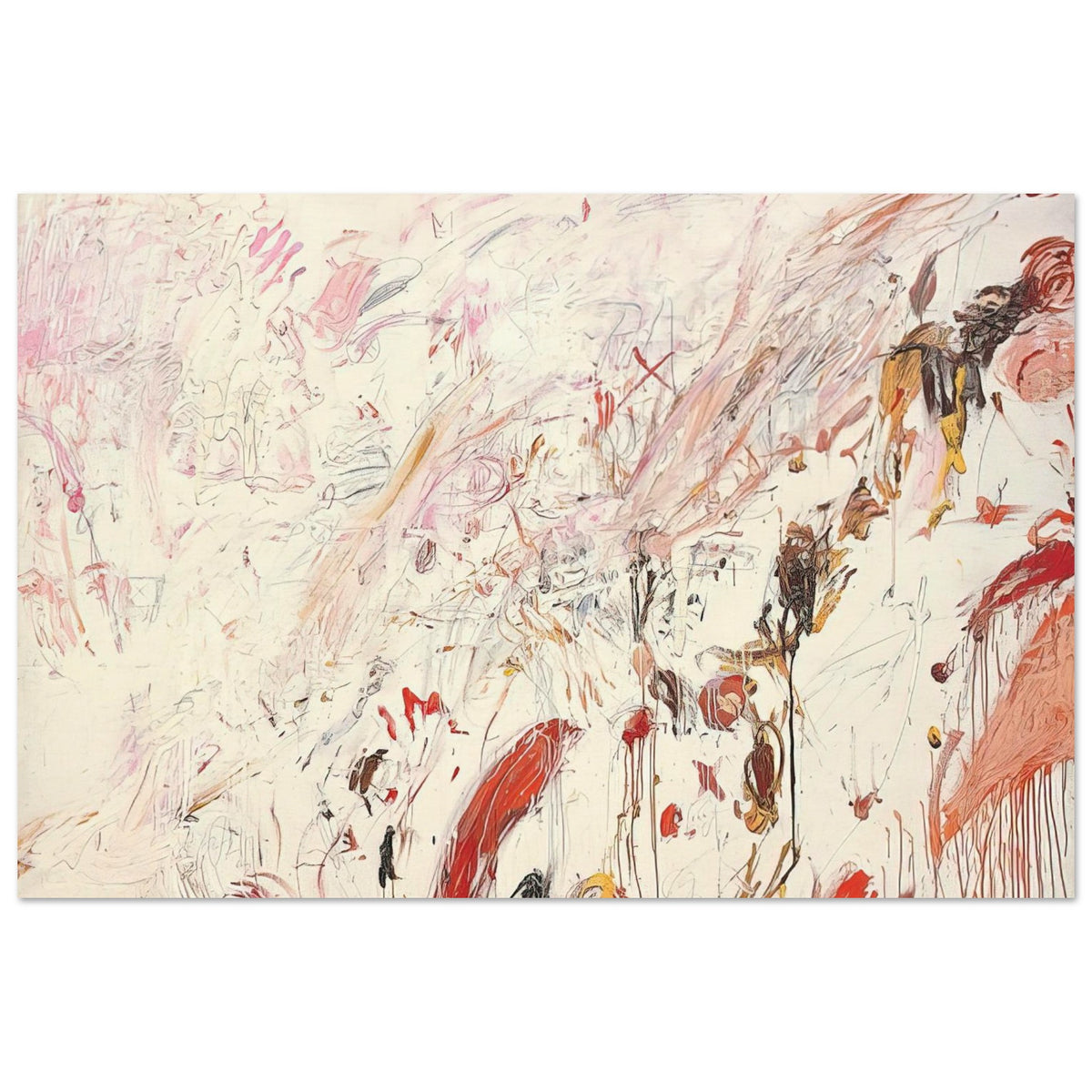 Ferragosto III by Cy Twombly poster, 75 × 100 cm / 30 × 40 in: This captivating composition features a pale cream background layered with energetic brushstrokes….
