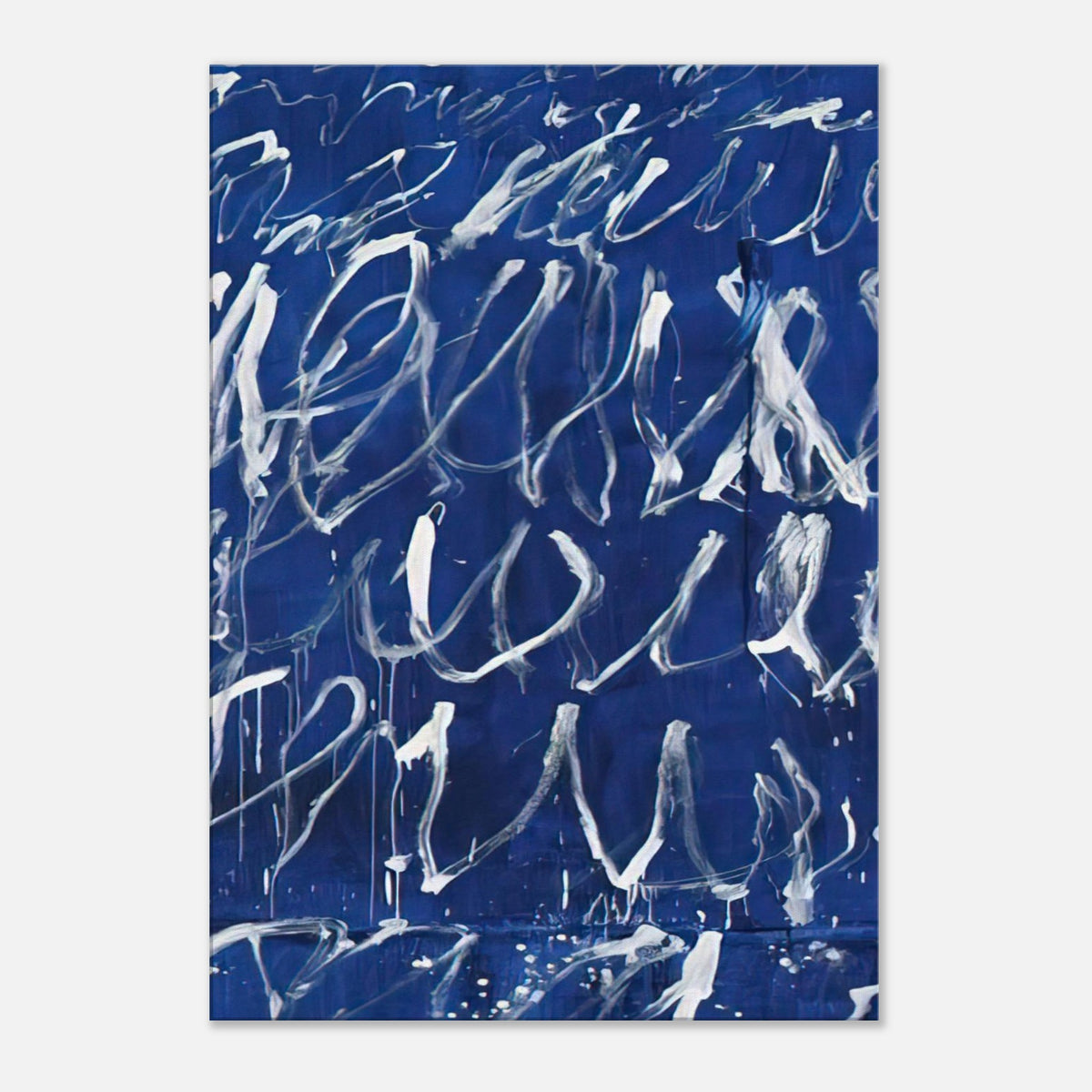 Untitled by Cy Twombly, canvas print, energetic white brushstrokes across a deep blue background, with