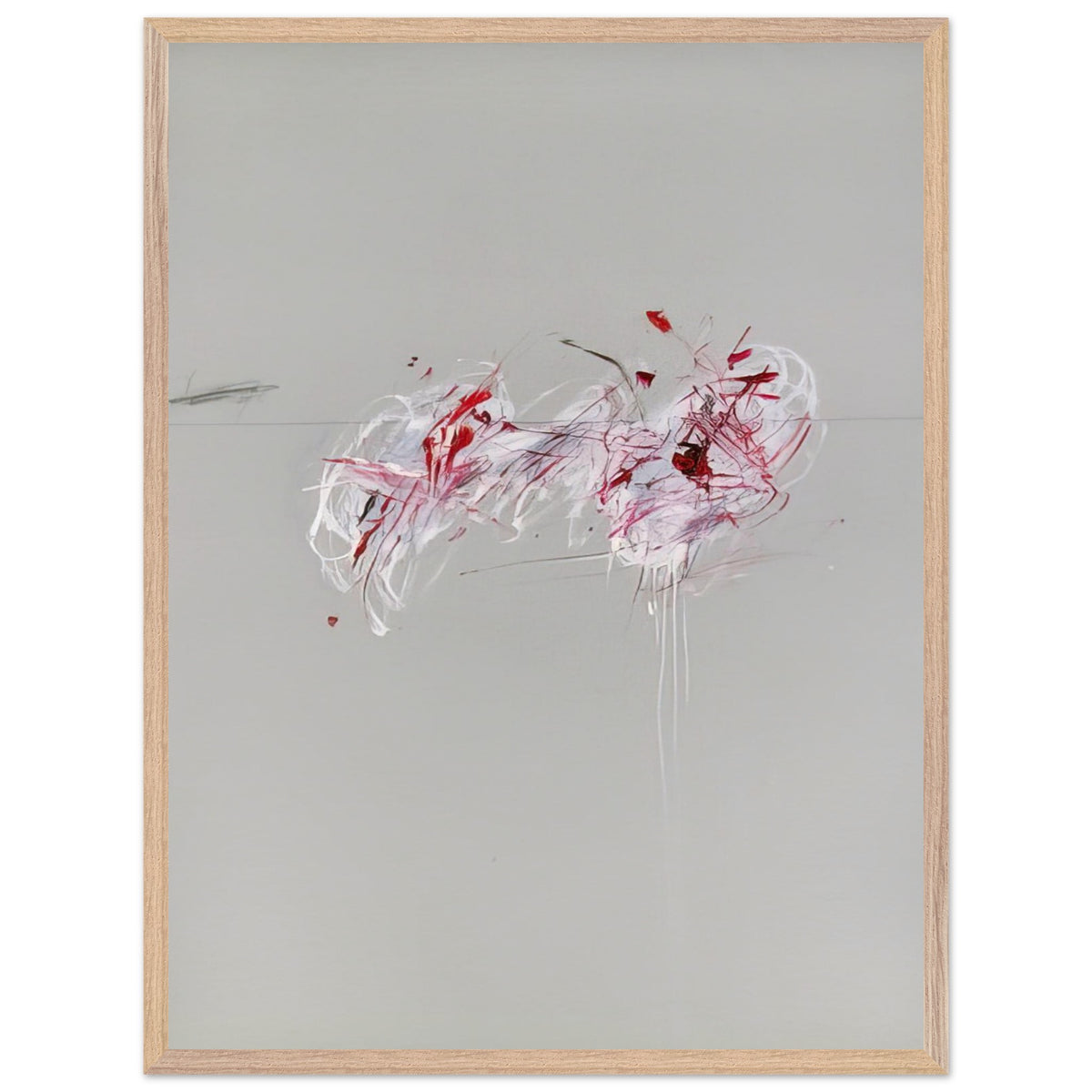 Nine Discourses on Commodus, Part II by Cy Twombly, framed art print, 60x80 cm / 24x32″, Black frame; a restrained gray background, expressive red and crimson forms