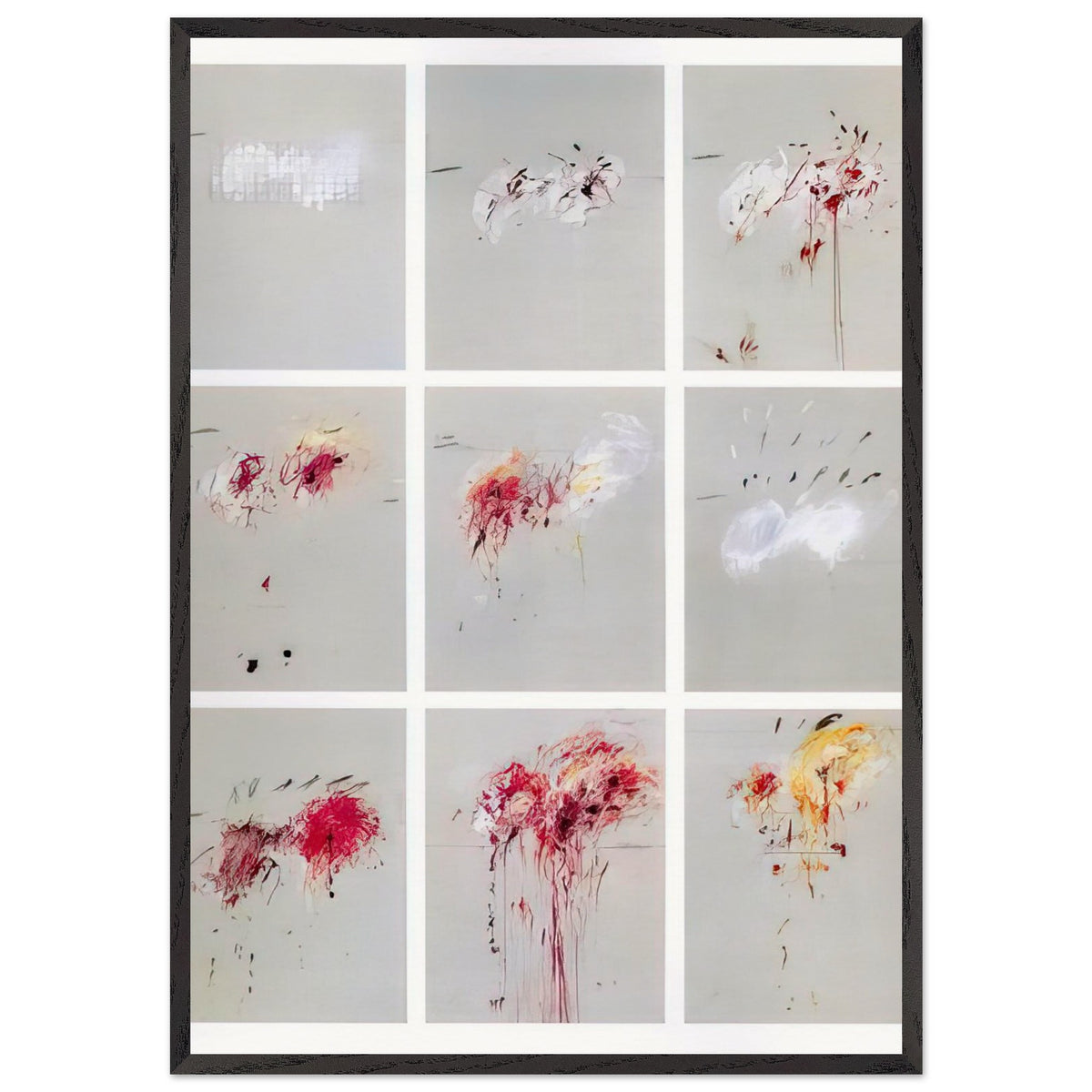 Nine Discourses on Commodus by Cy Twombly, framed art print, nine individual panels distinguished by muted gray backgrounds, 27x35 cm (11x14 in), white frame
