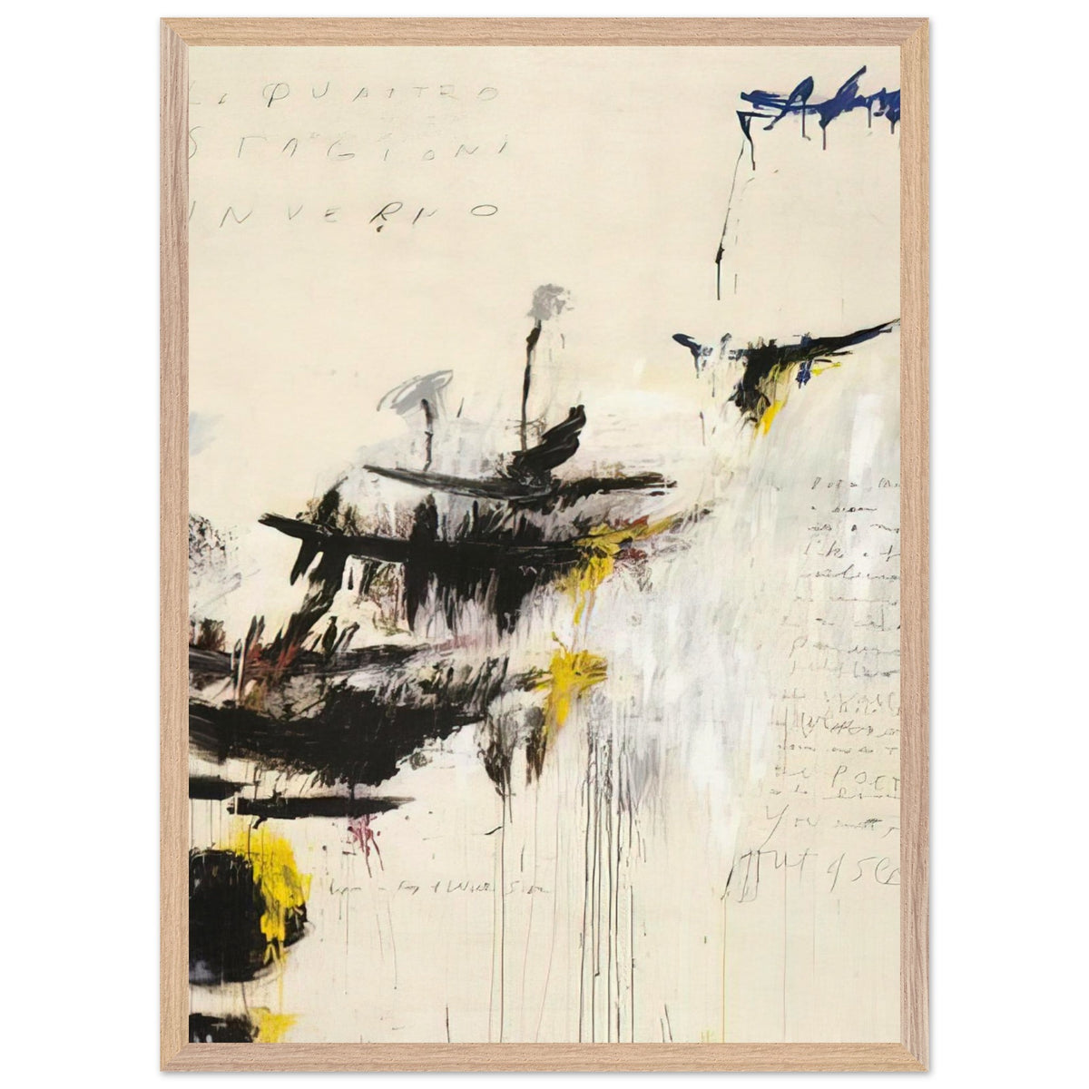 Quattro Stagioni I. Inverno by Cy Twombly, framed art print, bold black brushstrokes, flowing paint drips, 27x35 cm (11x14 in), wood frame