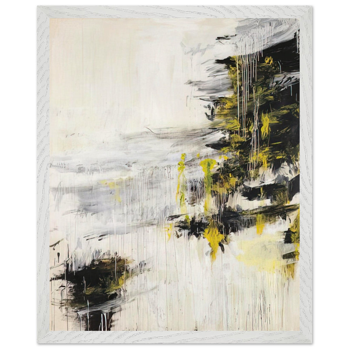 Quattro Stagioni II. Inverno by Cy Twombly, framed art print, bold black brushstrokes, flowing white and gray paint, 60x80 cm (24x32 in), wood frame