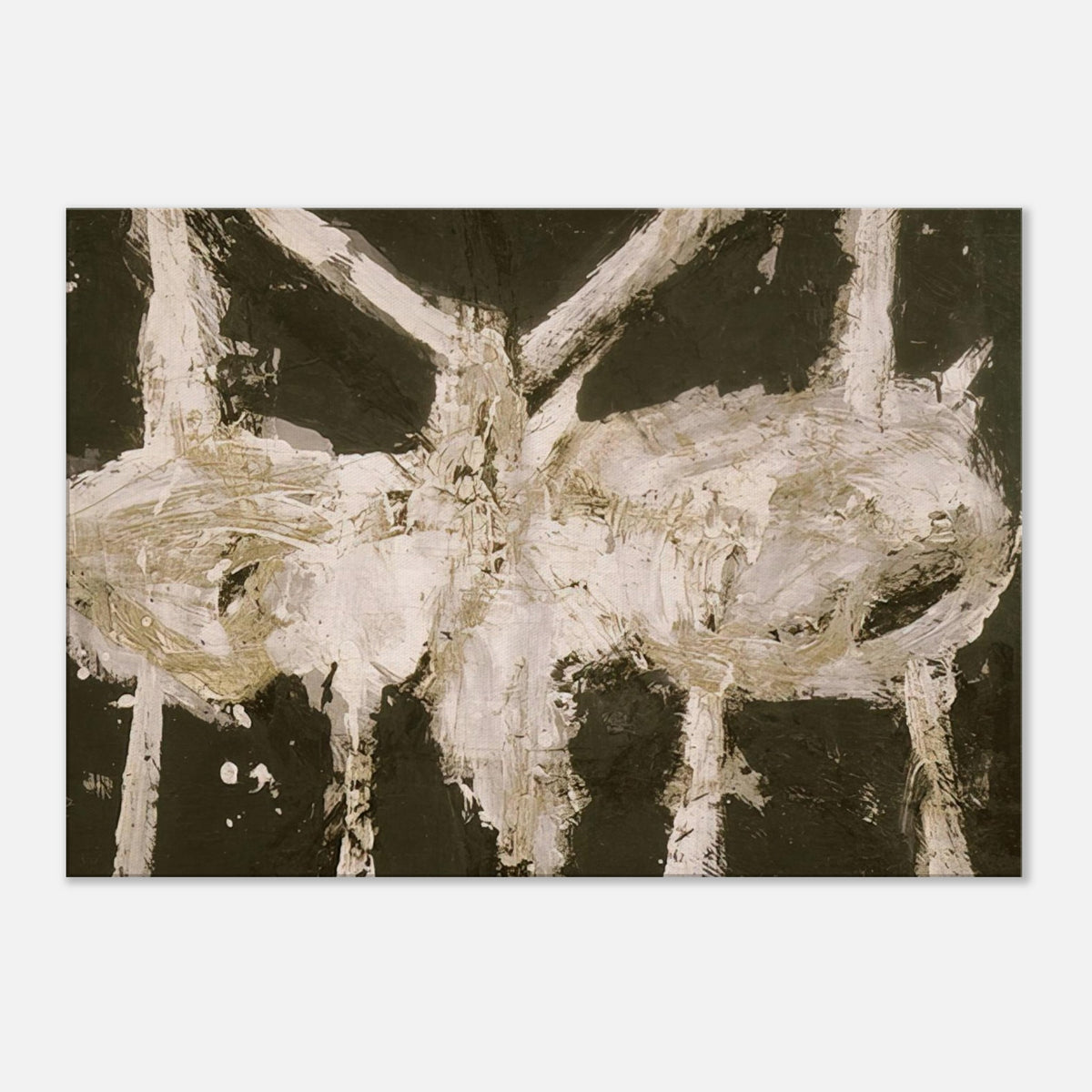Min-Oe by Cy Twombly canvas print: This striking composition features thick ivory-white brushstrokes against a deep black background….