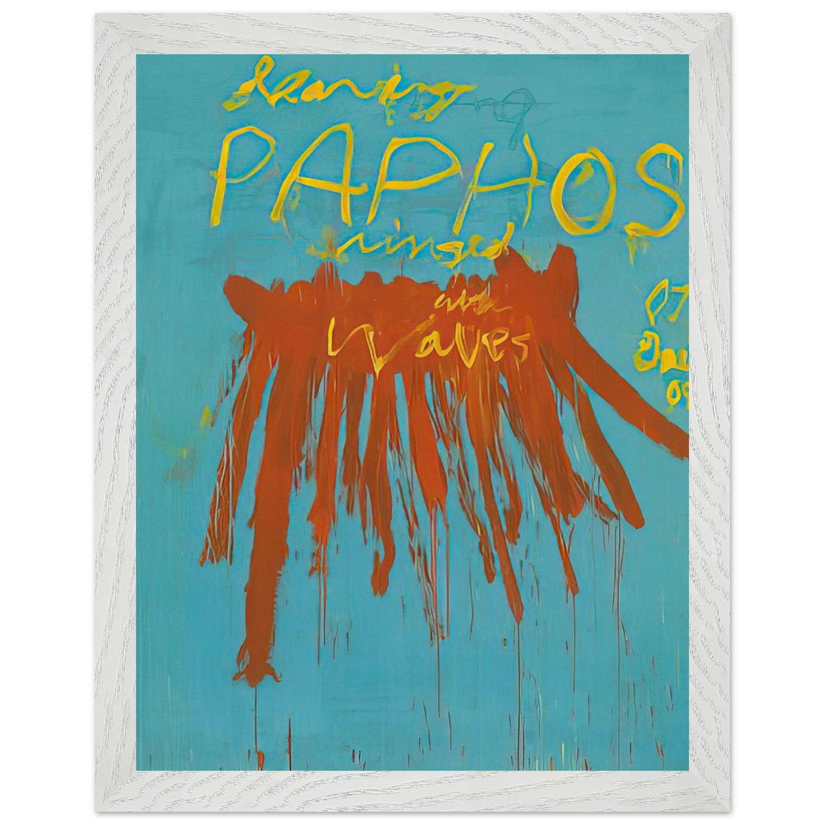 Leaving Paphos Ringed with Waves (IV) by Cy Twombly, framed art print, 70x100 cm / 28x40″, Black frame; a turquoise background with bold orange-red brushstrokes and expressive yellow
