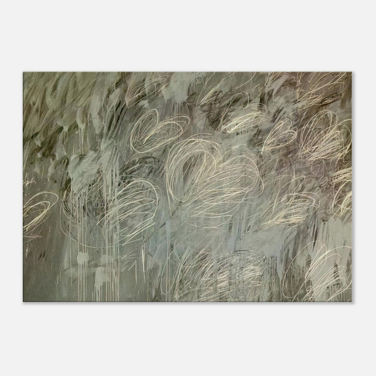 III Notes from Salalah (Note II) by Cy Twombly canvas print: a layered gray-green background covered with sweeping ivory loops, delicate pale lines….