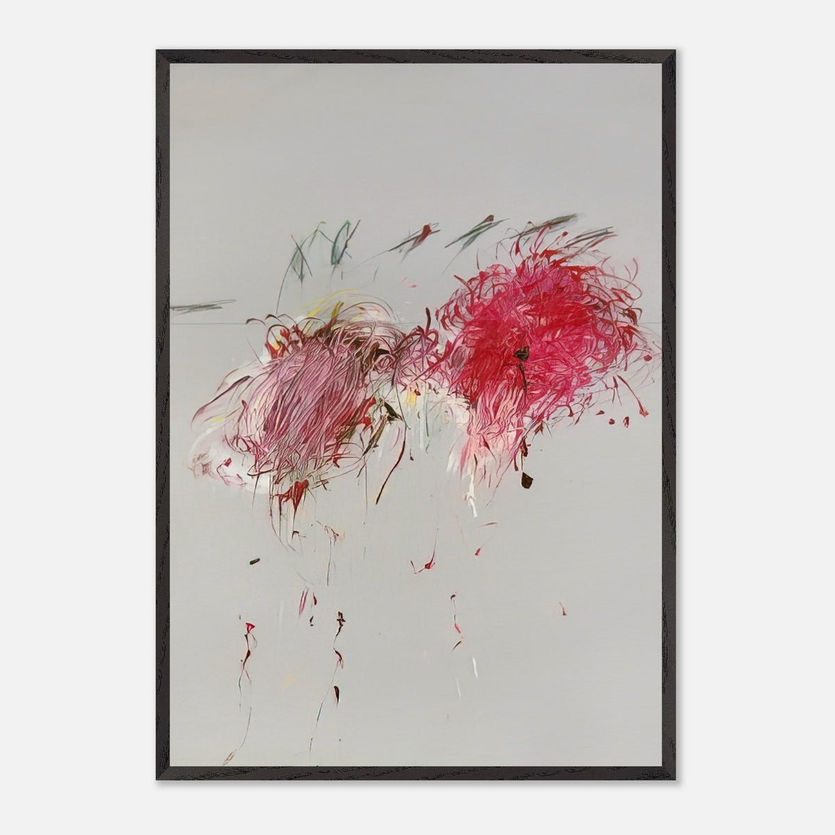 Nicola's Irises by Cy Twombly, framed art print; sweeping red and crimson brushstrokes, delicate pink accents, cool blue details, and dark gestural lines against a pale background