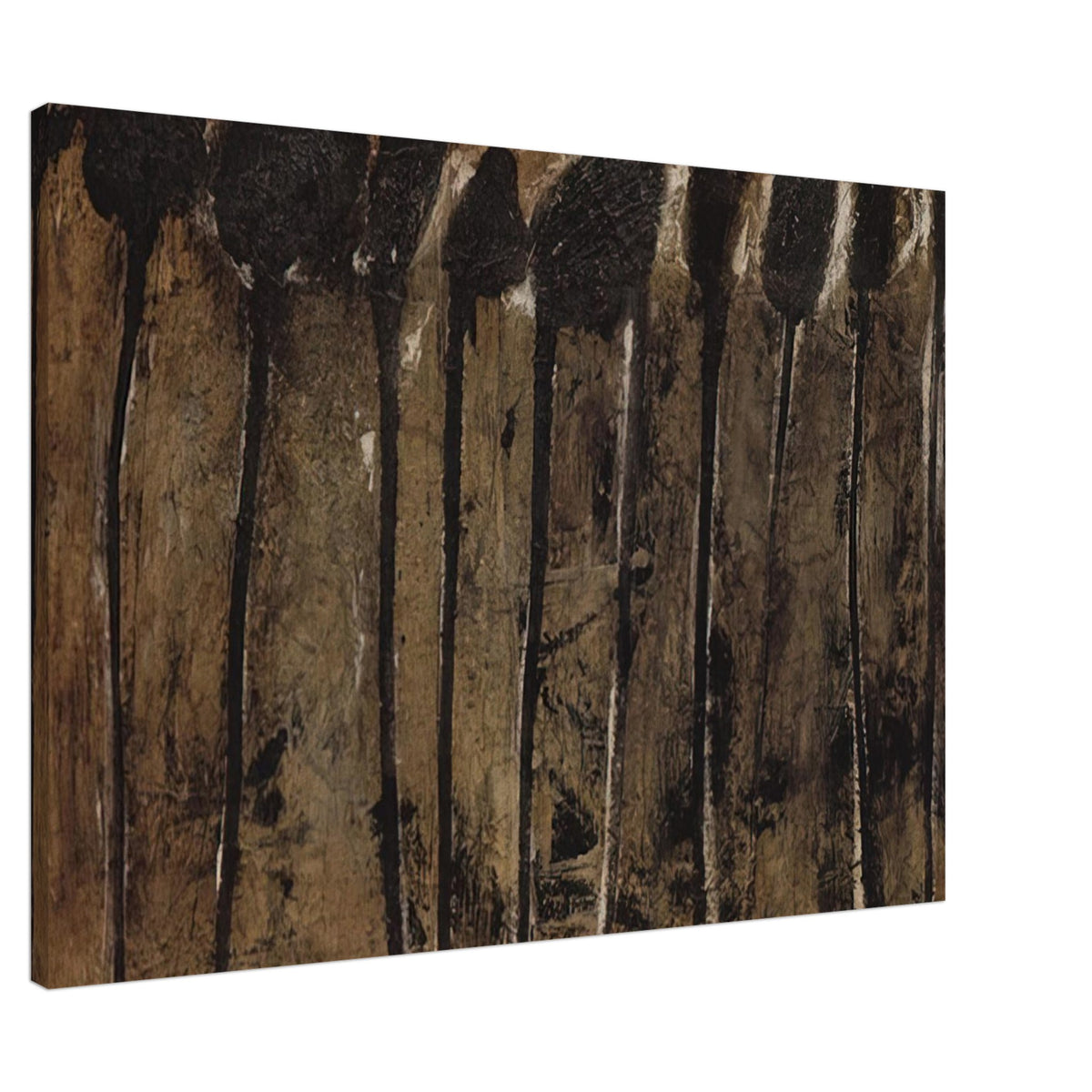 Solon I by Cy Twombly canvas print, 40 × 50 cm / 16 × 20 in: This striking composition features elongated black and dark brown forms set against a textured background….