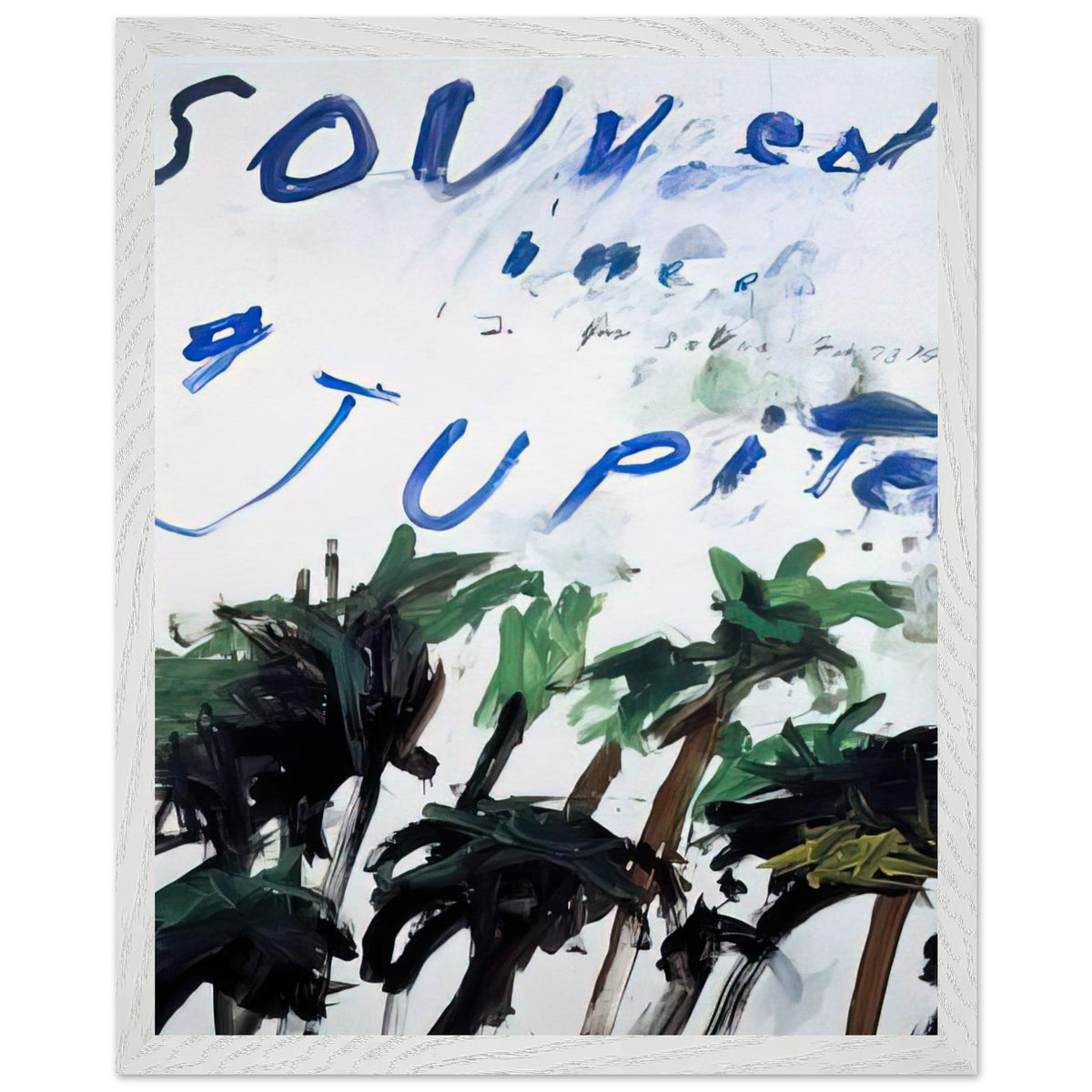 Souvenir of Jupiter by Cy Twombly, framed art print, handwritten lettering, gestural abstraction, 70x100 cm (28x40 in), white frame