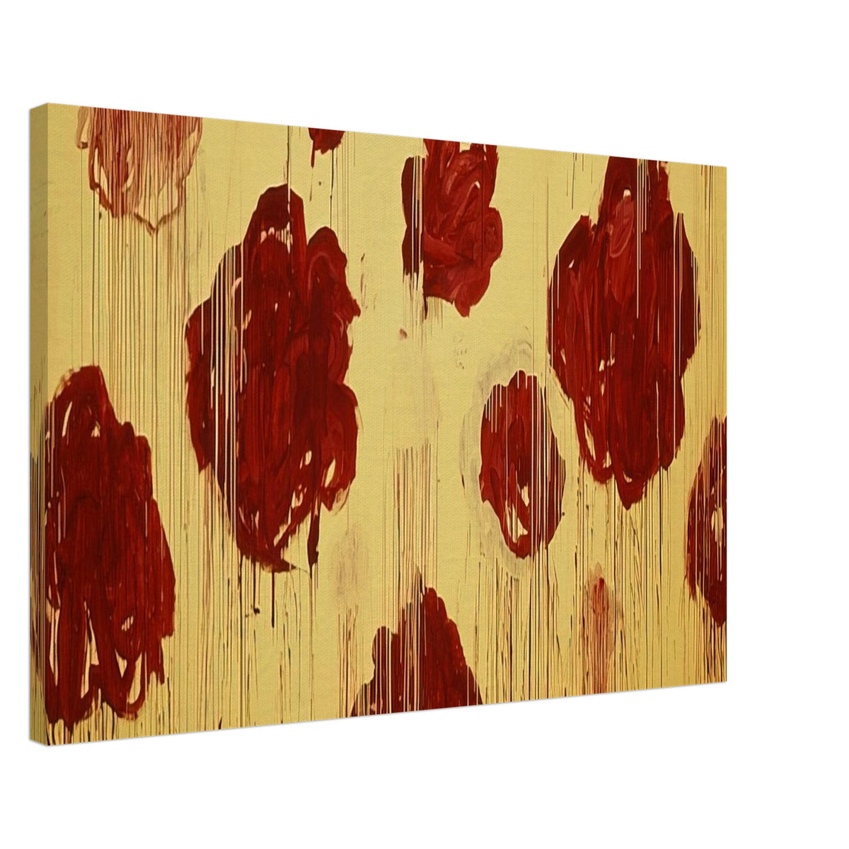 Untitled (Blooming, A Scattering of Blossoms & Other Things) by Cy Twombly canvas print, 60 × 90 cm / 24 × 36 in: This striking composition features vivid red and burgundy forms scattered across a radiant golden-yellow….