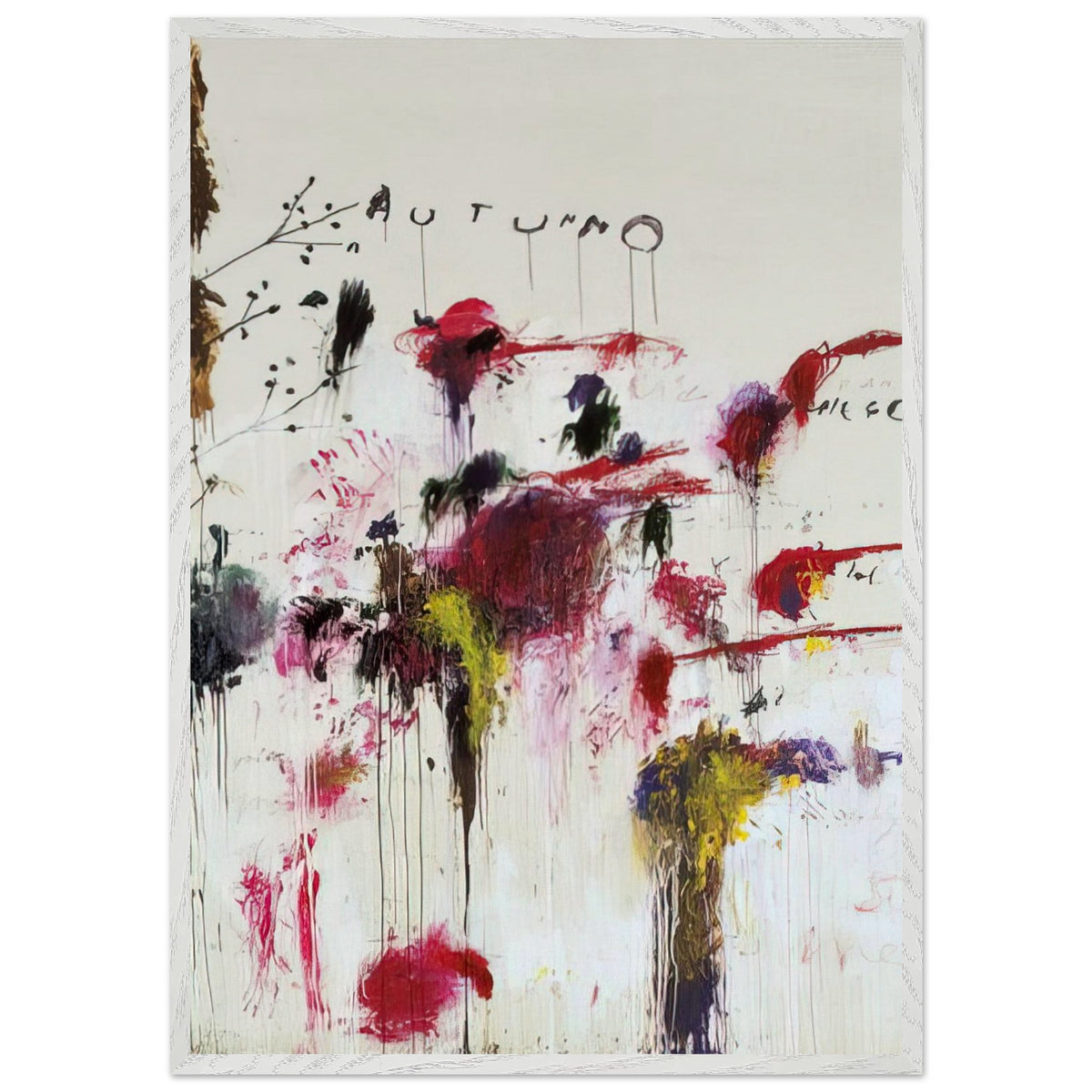 Quattro Stagioni II. Autunno by Cy Twombly, framed art print, bold red and crimson brushstrokes, rich purple and burgundy accents, 70x100 cm (28x40 in), white frame