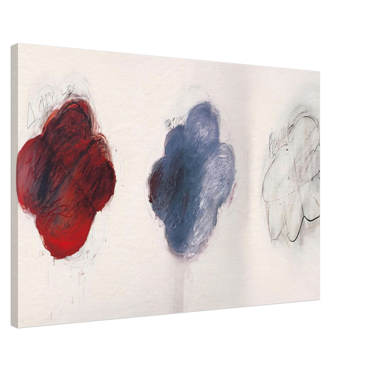 Fifty Days at Iliam: Shades of Achilles, Patroclus, and Hector by Cy Twombly canvas print, 60 × 90 cm / 24 × 36 in: This striking composition features three cloud-like shapes arranged across a pale background: an intense….