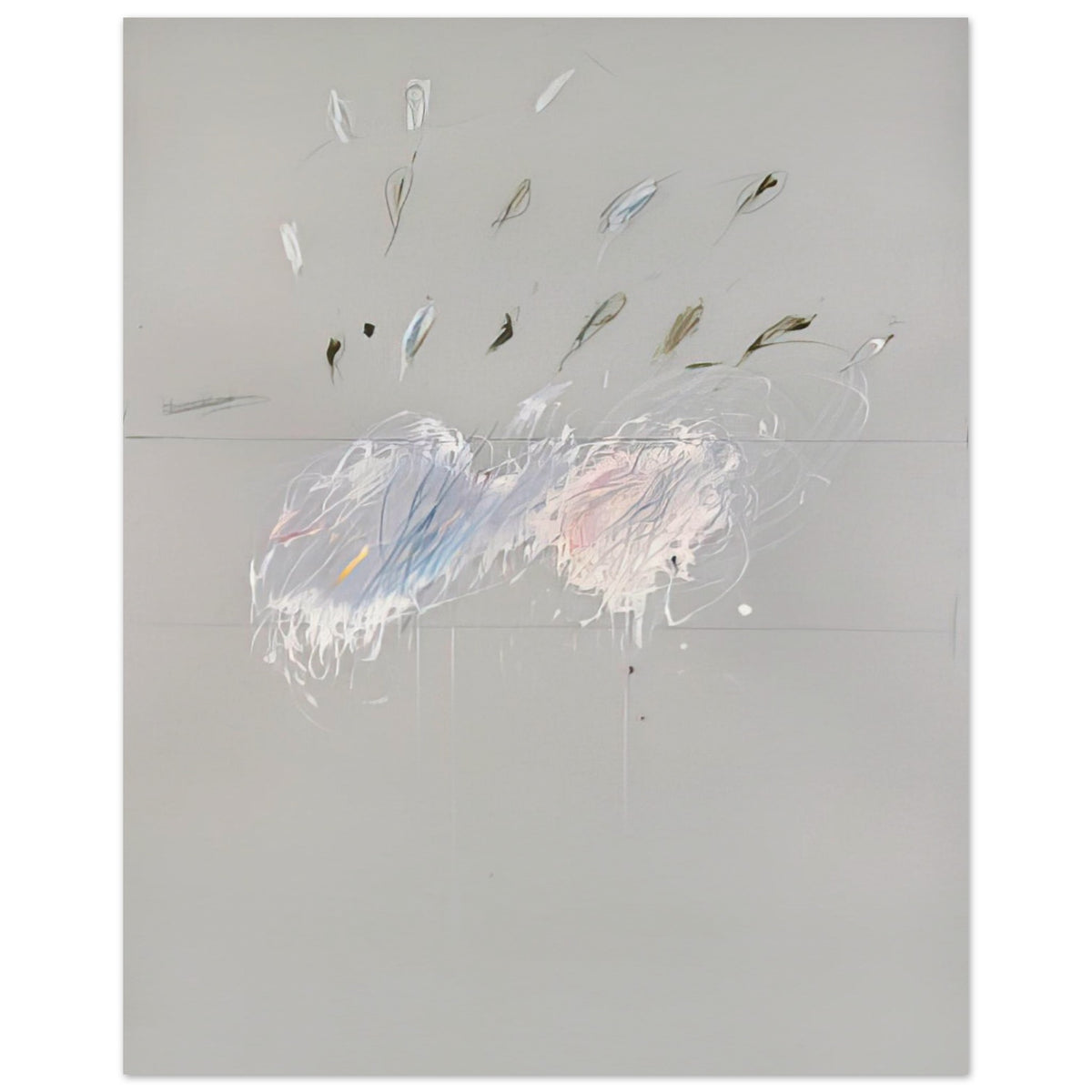 Nine Discourses on Commodus, Part VI by Cy Twombly, poster, muted gray background, delicate white brushstrokes, 27x35 cm (11x14 in)