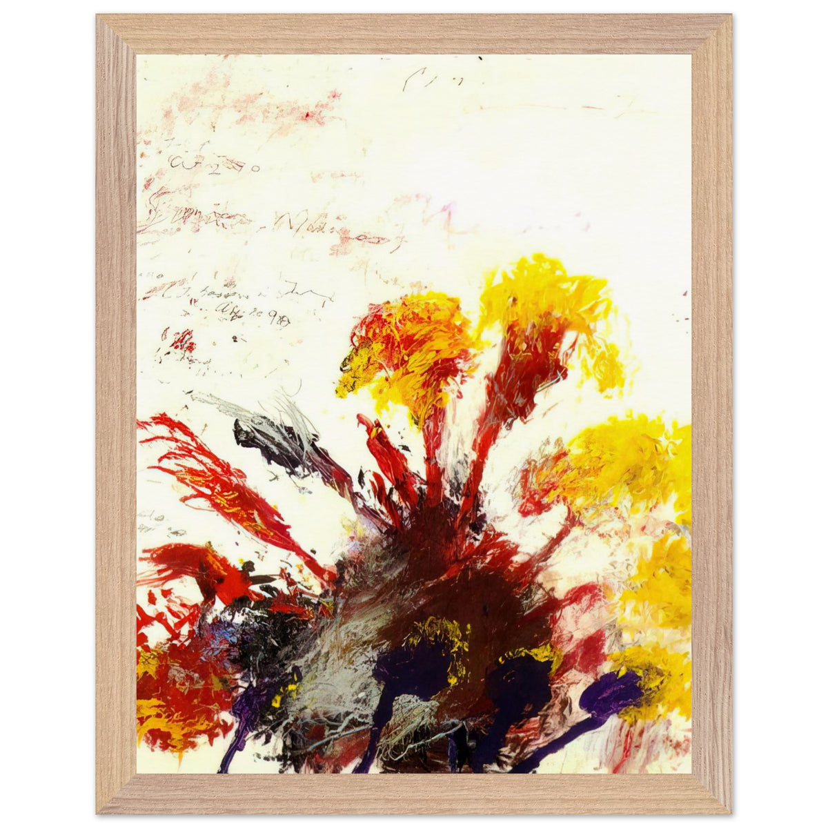 Summer Madness by Cy Twombly, framed art print, energetic red and crimson brushstrokes with bright yellow, orange, 27x35 cm (11x14 in), black frame