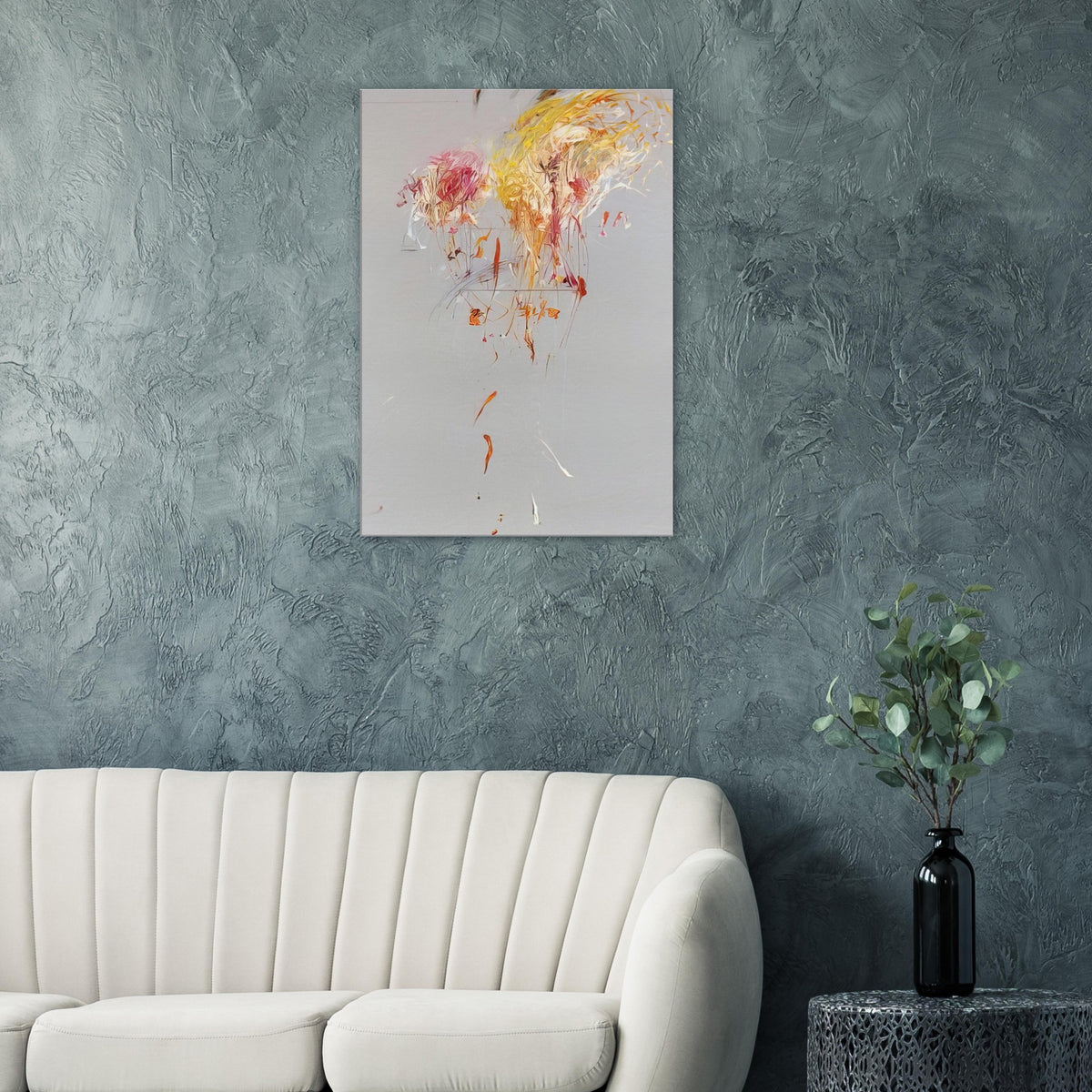 Nine Discourses on Commodus, Part IX by Cy Twombly, canvas print, soft gray background, gestural yellow and golden strokes