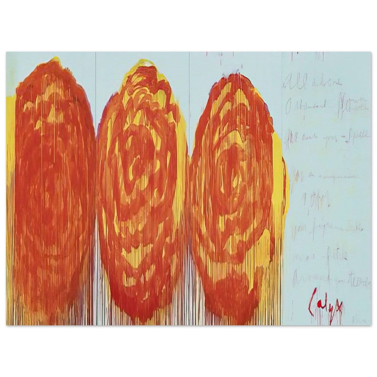The Rose (II) by Cy Twombly poster, A0 (84.1 × 118.9 cm): This expressive composition features three large, rose-inspired forms rendered in vivid shades of red….