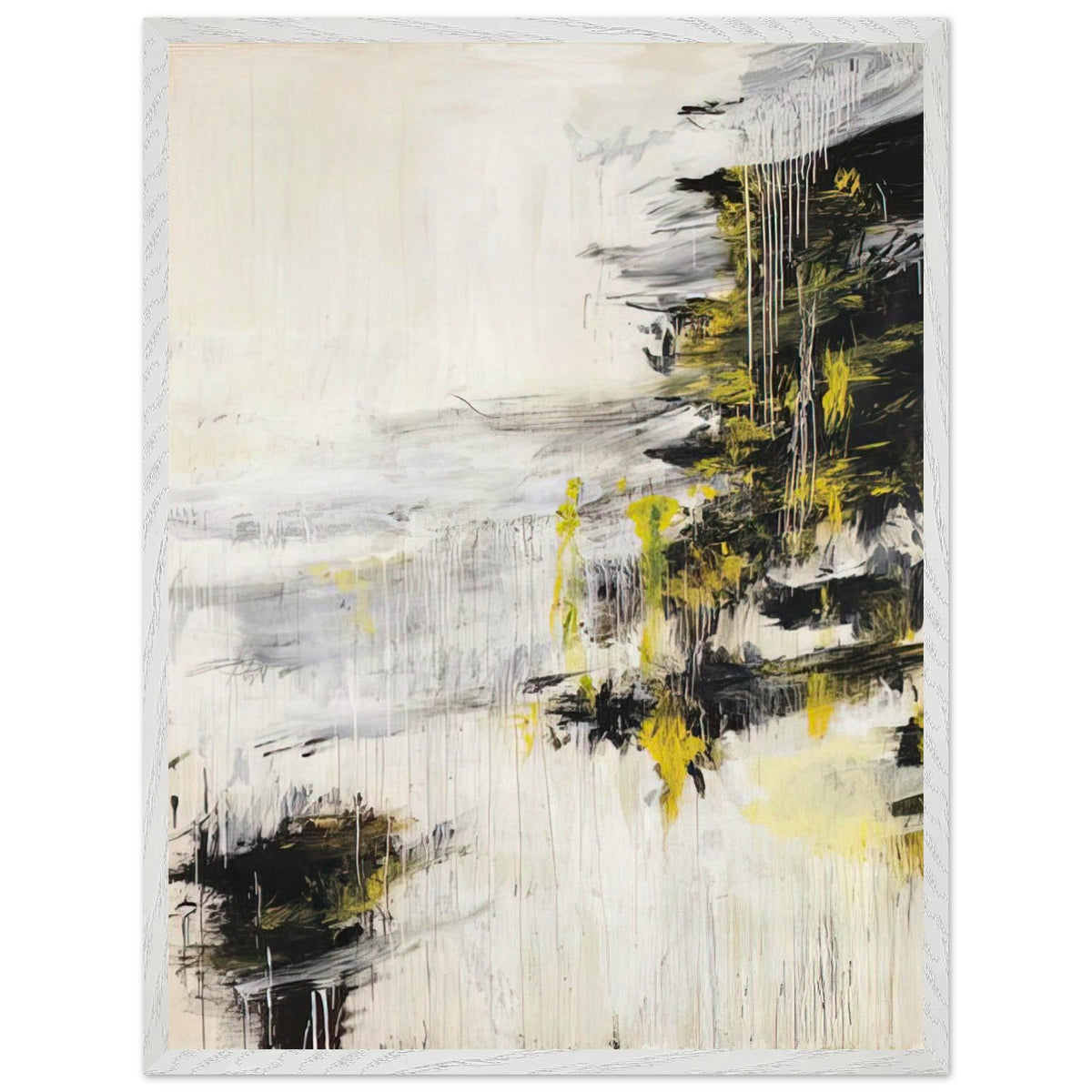 Quattro Stagioni II. Inverno by Cy Twombly, framed art print, bold black brushstrokes, flowing white and gray paint, 60x80 cm (24x32 in), white frame