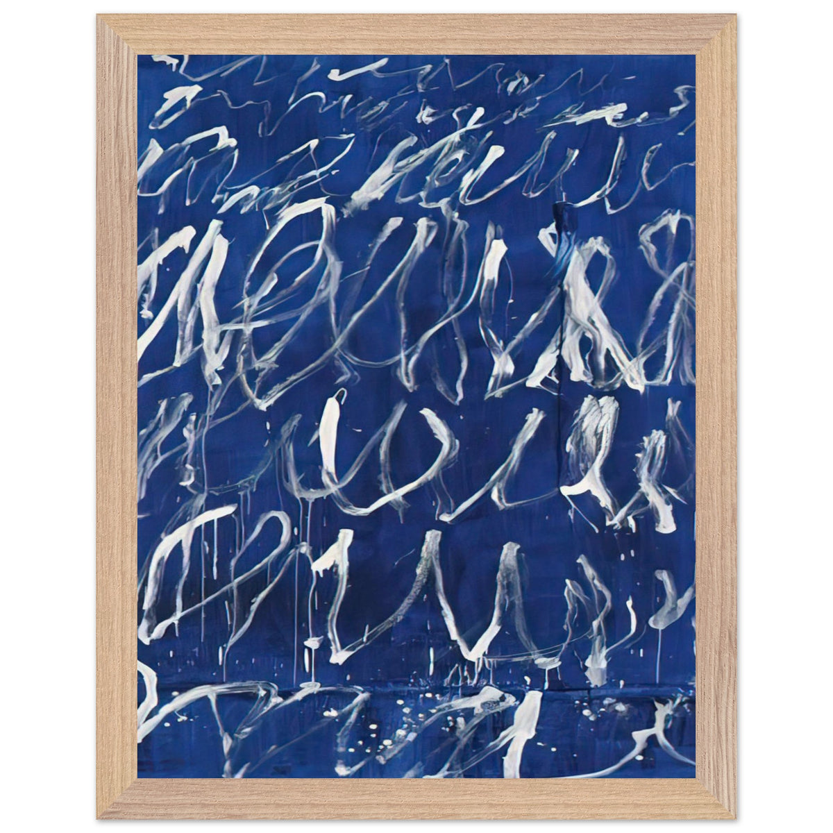 Untitled by Cy Twombly, framed art print, deep blue ground covered with energetic white brushstrokes, looping, 27x35 cm (11x14 in), wood frame