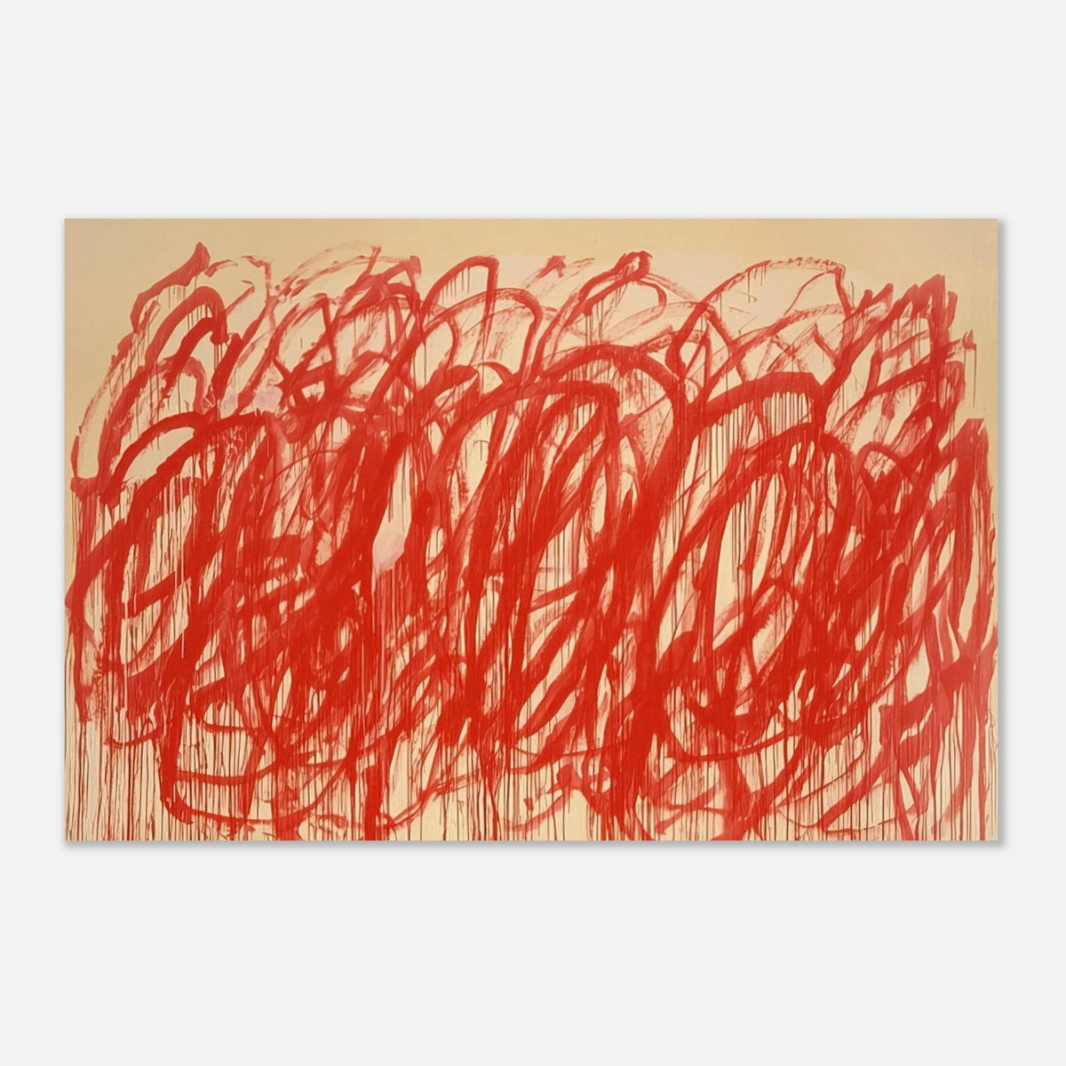 Untitled (Bacchus) by Cy Twombly poster: Thick, energetic strokes move across the composition in an almost continuous flow….