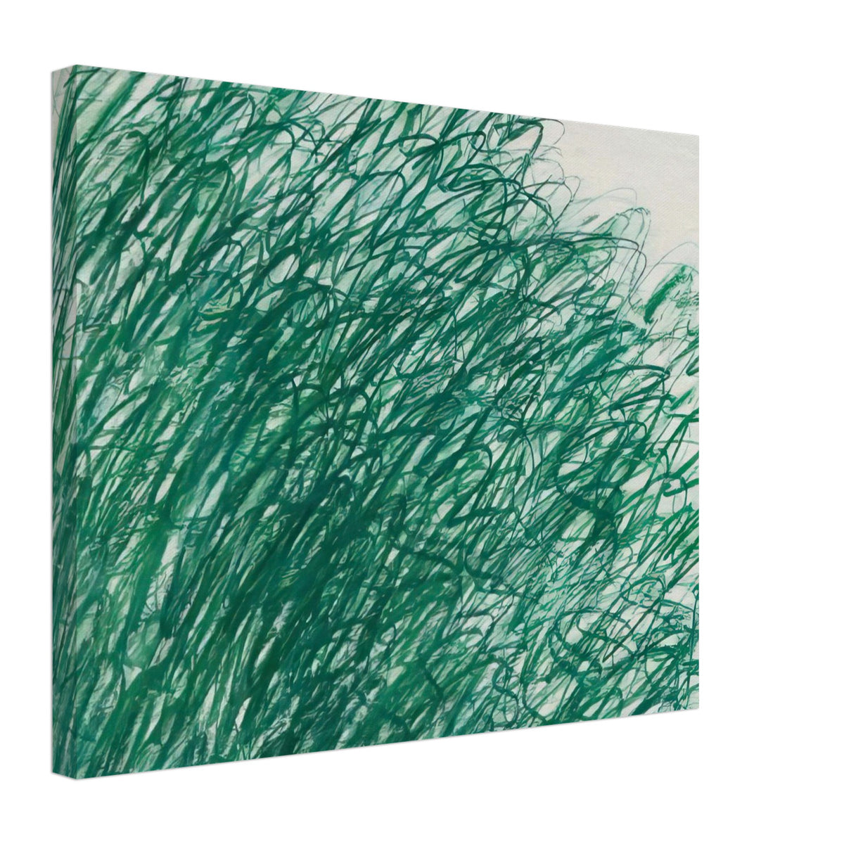 On Returning from Tonnicoda by Cy Twombly canvas print, 50 × 75 cm / 20 × 30 in: a dense network of sweeping green lines, overlapping loops, and spontaneous gestural marks across a pale….