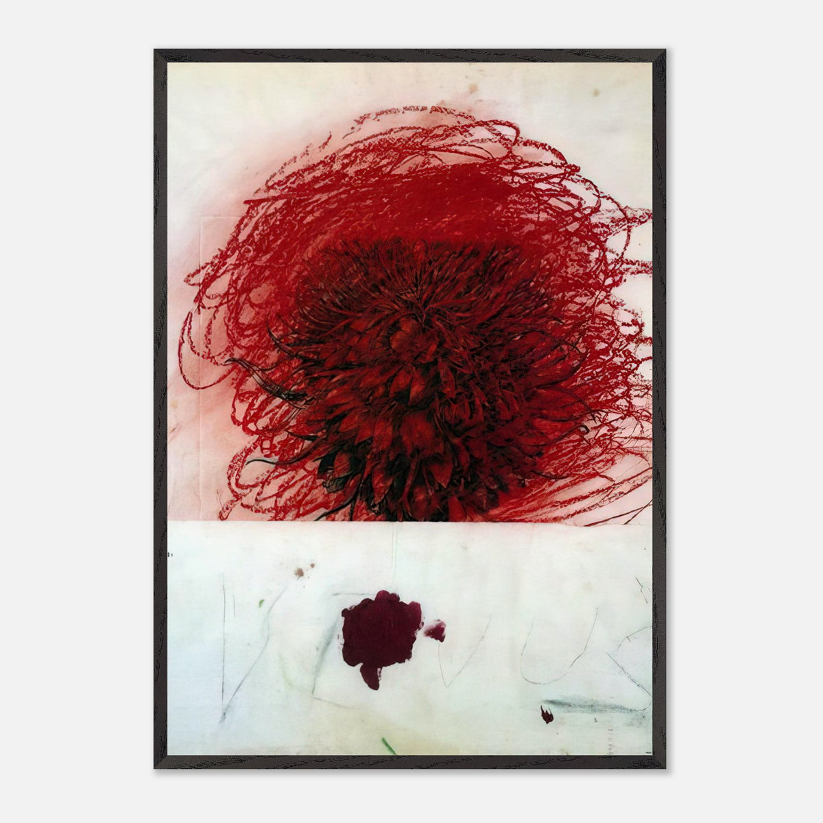 Pan II by Cy Twombly, framed art print, dense red and crimson form, surrounded by sweeping dark strokes and