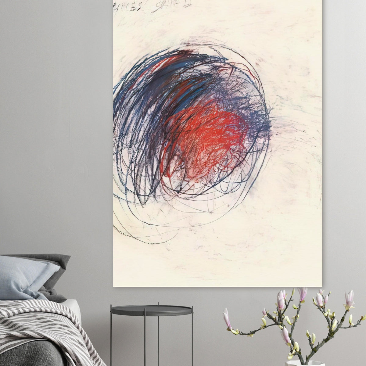 Fifty Days at Iliam: Shield of Achilles by Cy Twombly, poster; intricate black lines, expressive red strokes, deep blue accents