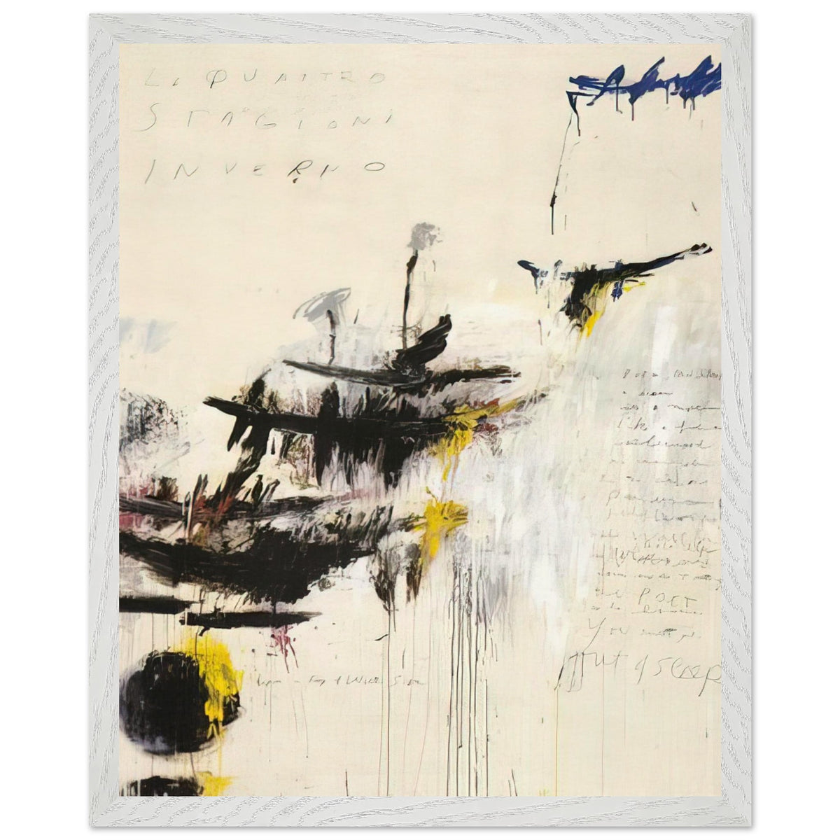 Quattro Stagioni I. Inverno by Cy Twombly, framed art print, bold black brushstrokes, flowing paint drips, 40x50 cm (16x20 in), white frame