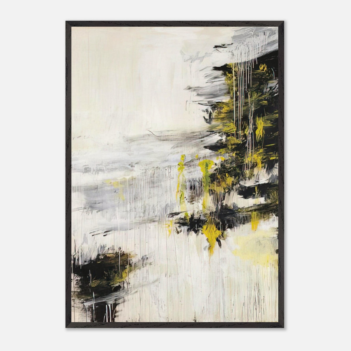 Quattro Stagioni II. Inverno by Cy Twombly, framed art print, bold black brushstrokes, flowing white and gray paint