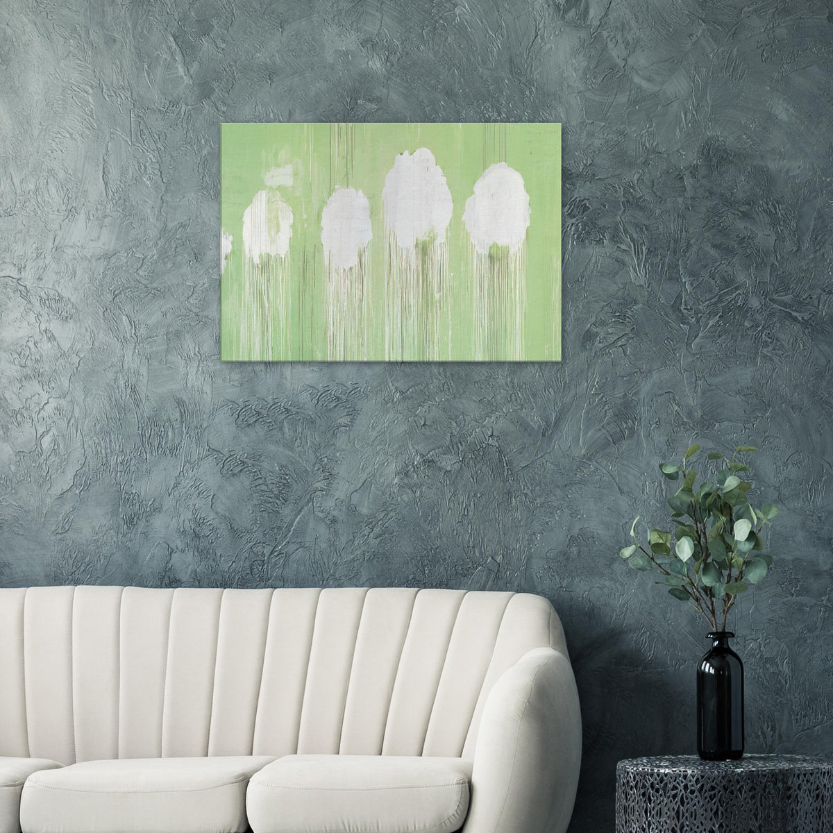 Untitled (Peony Blossom Painting) by Cy Twombly canvas print: soft white, cloud-like blossom forms against a pale green background.