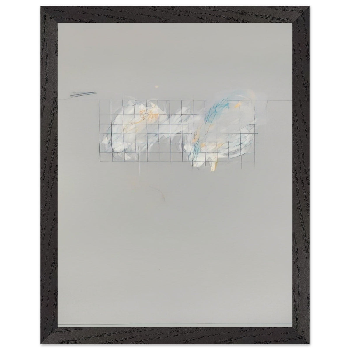 Nine Discourses on Commodus, Part I by Cy Twombly, framed art print, 50x70 cm / 20x28″, Black frame; a muted gray background, a delicate grid of intersecting lines