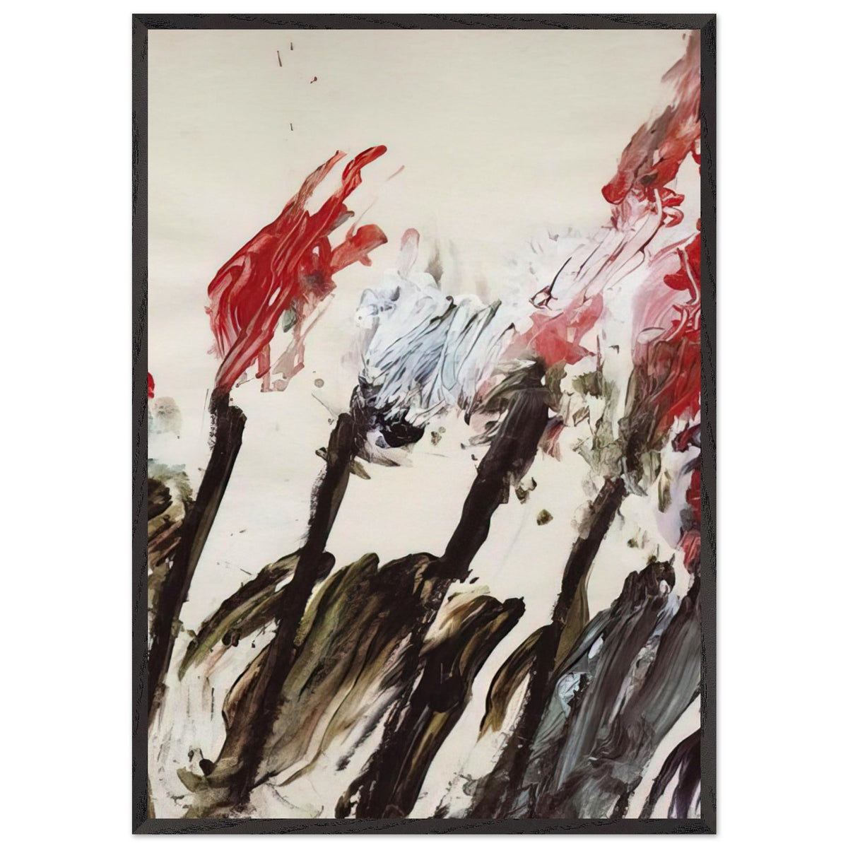 Nicola's Irises by Cy Twombly, framed art print, 27x35 cm / 11x14″, White frame; sweeping red and crimson brushstrokes, delicate pink accents, cool blue details