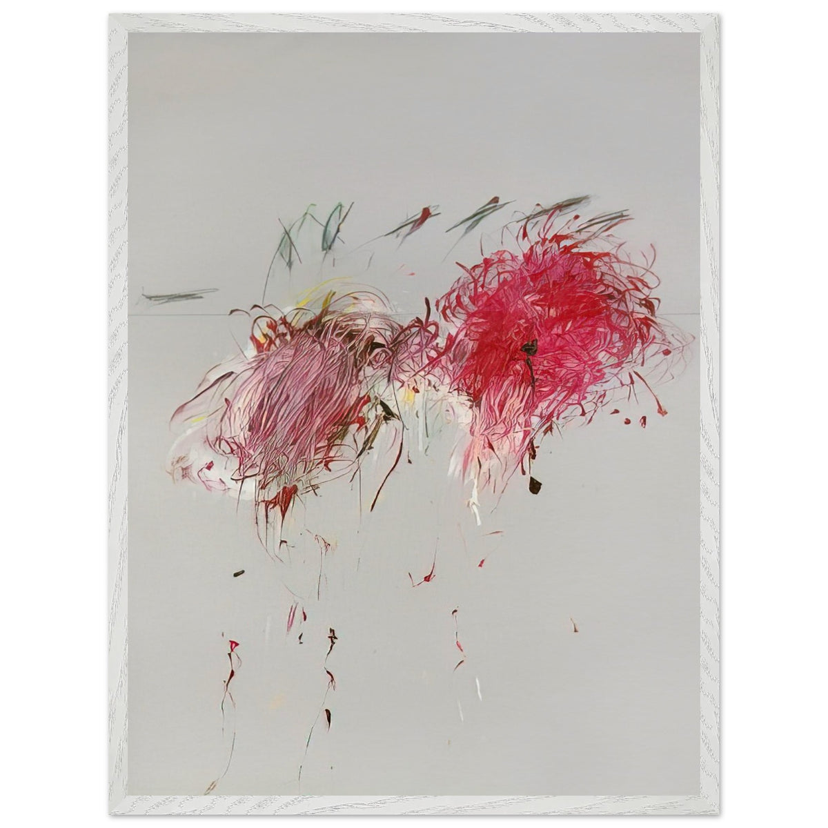 Nicola's Irises by Cy Twombly, framed art print, 60x80 cm / 24x32″, White frame; sweeping red and crimson brushstrokes, delicate pink accents, cool blue details