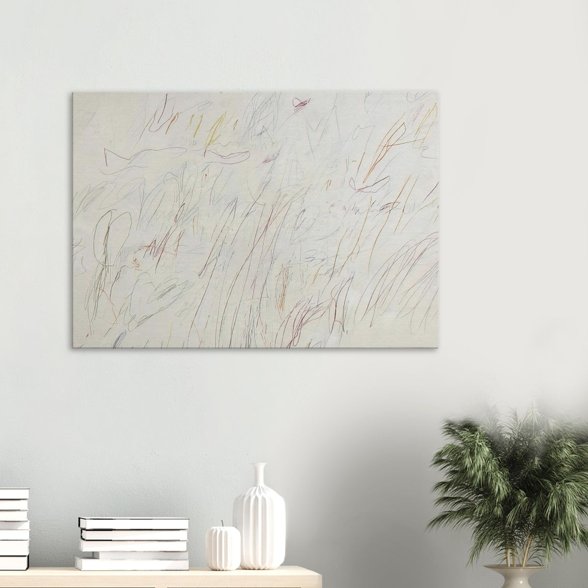 Olympia by Cy Twombly canvas print: a pale ivory background covered with delicate linear gestures, spontaneous scribbles, overlapping forms….