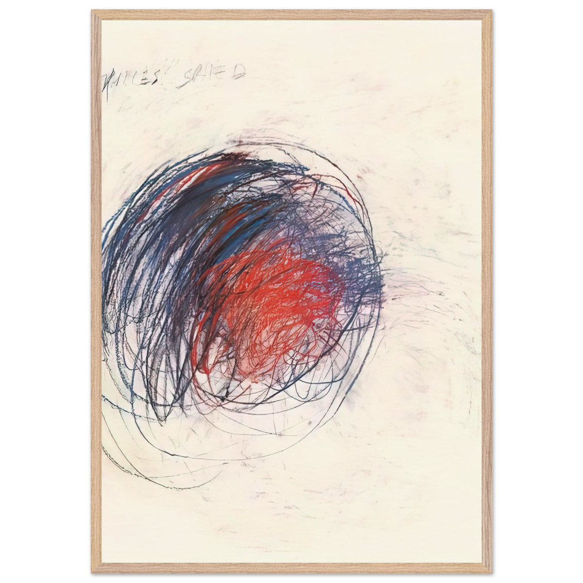 Fifty Days at Iliam: Shield of Achilles by Cy Twombly, framed art print, 60x80 cm / 24x32″, Black frame; intricate black lines, expressive red strokes, deep blue accents