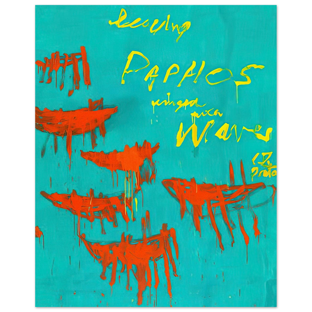 Leaving Paphos Ringed with Waves (III) by Cy Twombly, poster, 40x50 cm / 16x20″; a turquoise background with bold orange-red boat-like forms and spontaneous yellow handwritten lettering