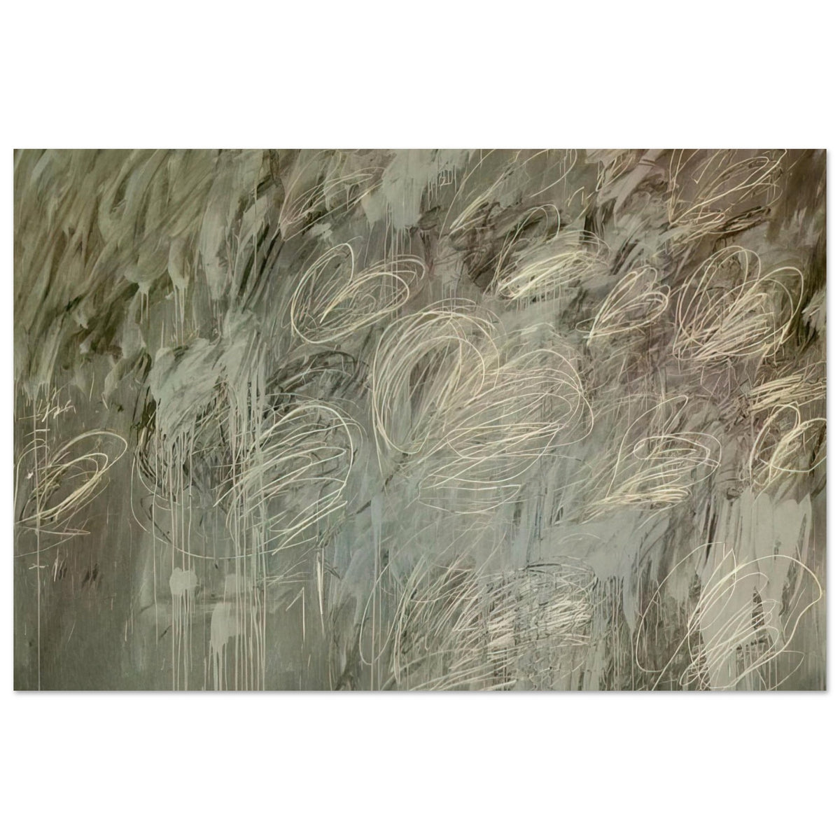 III Notes from Salalah (Note II) by Cy Twombly poster, 30 × 40 cm / 12 × 16 in: This expressive composition features a layered gray-green background covered with delicate ivory and pale….