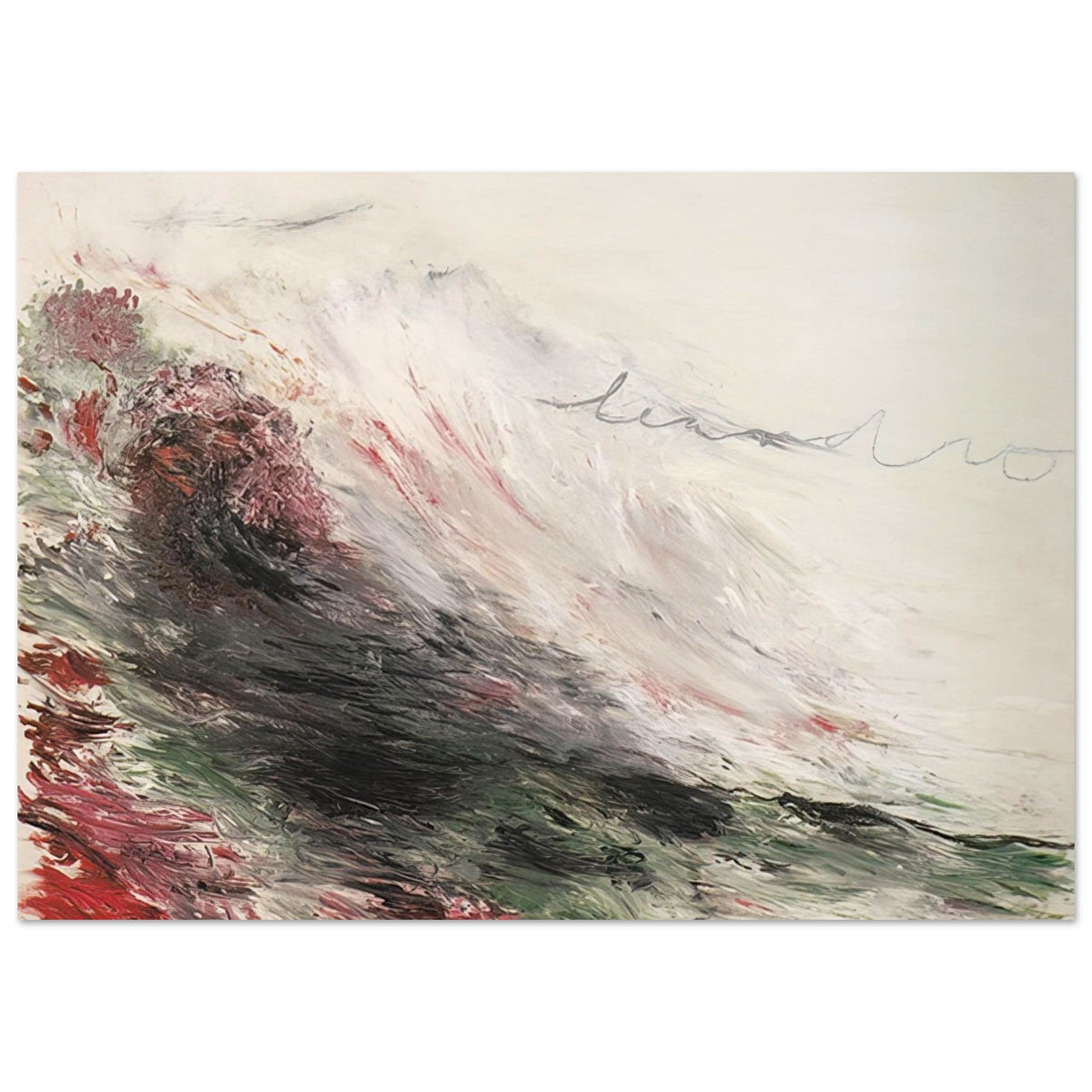 Hero and Leandro (A Painting in Four Parts) Part I by Cy Twombly poster, 100 × 150 cm / 40 × 60 in: This atmospheric composition features sweeping brushstrokes in white, pale gray, muted pink, deep green….