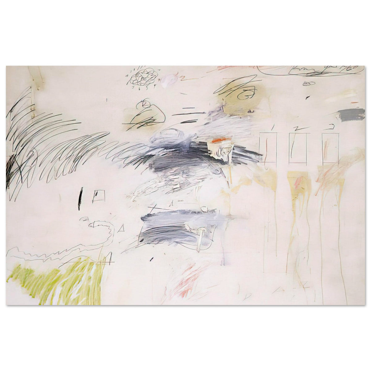 Untitled (Rome, June 1960) by Cy Twombly poster, 60 × 90 cm / 24 × 36 in: This expressive composition features a warm off-white background scattered with spontaneous pencil-like….