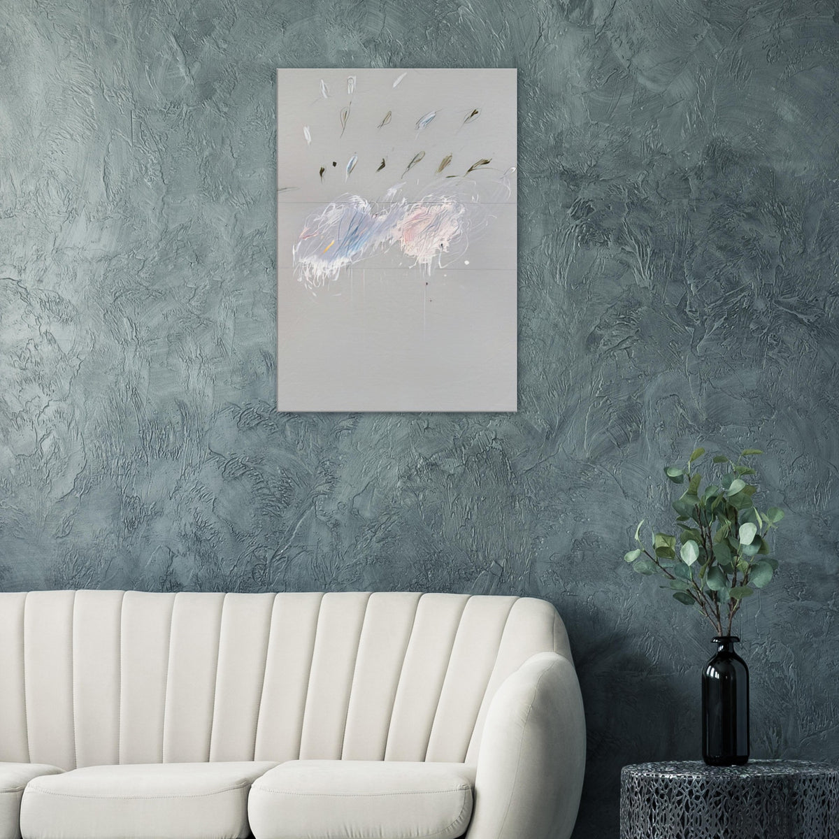 Nine Discourses on Commodus, Part VI by Cy Twombly, canvas print, soft gray background with delicate white brushstrokes, subtle blue