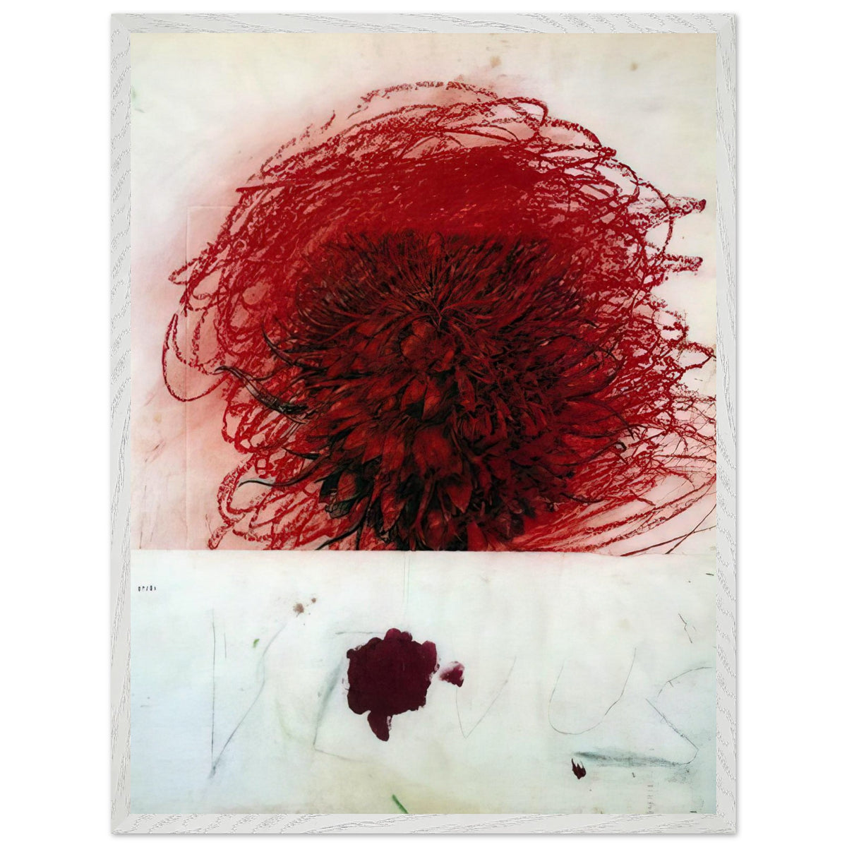 Pan II by Cy Twombly, framed art print, dense red and crimson form, surrounded by sweeping dark strokes and, 70x100 cm (28x40 in), white frame