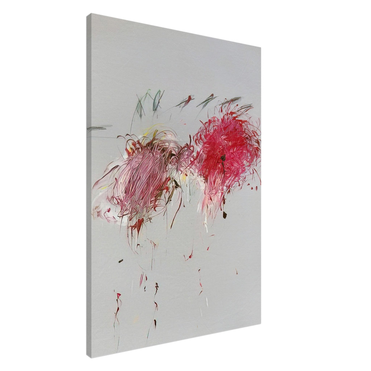 Nicola's Irises by Cy Twombly, canvas print, 45x60 cm / 18x24″; sweeping red and crimson brushstrokes, delicate pink accents, cool blue details