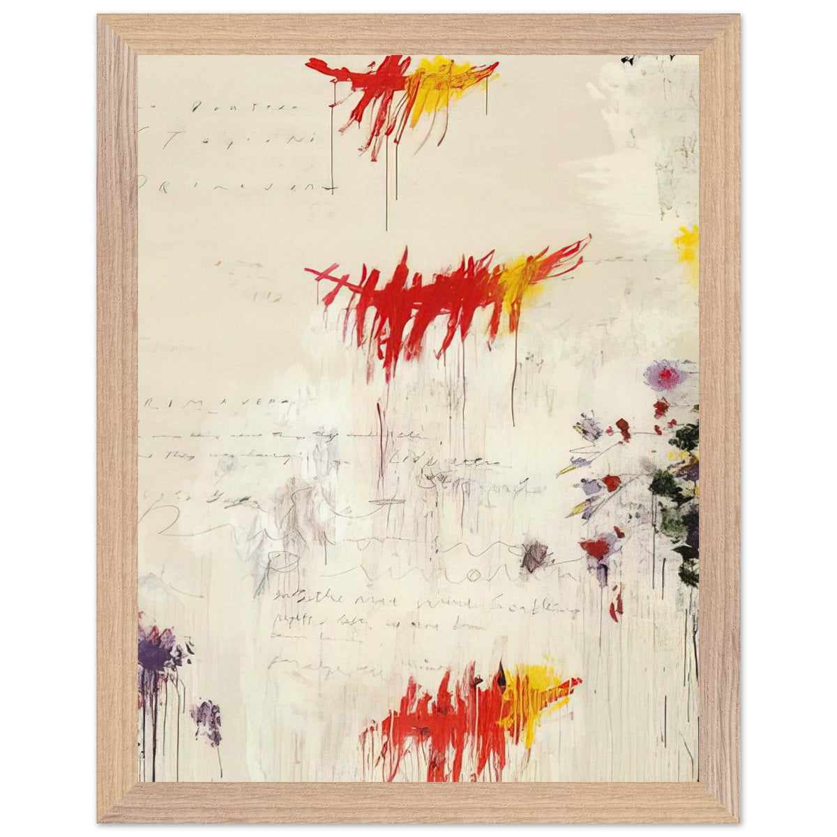 Quattro Stagioni I. Primavera by Cy Twombly, framed art print, energetic red and yellow brushstrokes, subtle purple and green details, 50x70 cm (20x28 in), wood frame