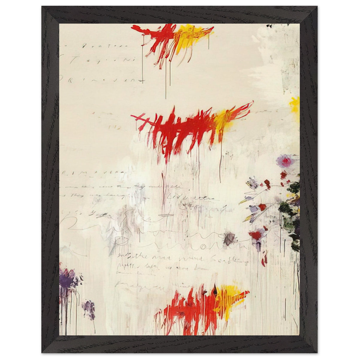 Quattro Stagioni I. Primavera by Cy Twombly, framed art print, energetic red and yellow brushstrokes, subtle purple and green details, 50x70 cm (20x28 in), white frame