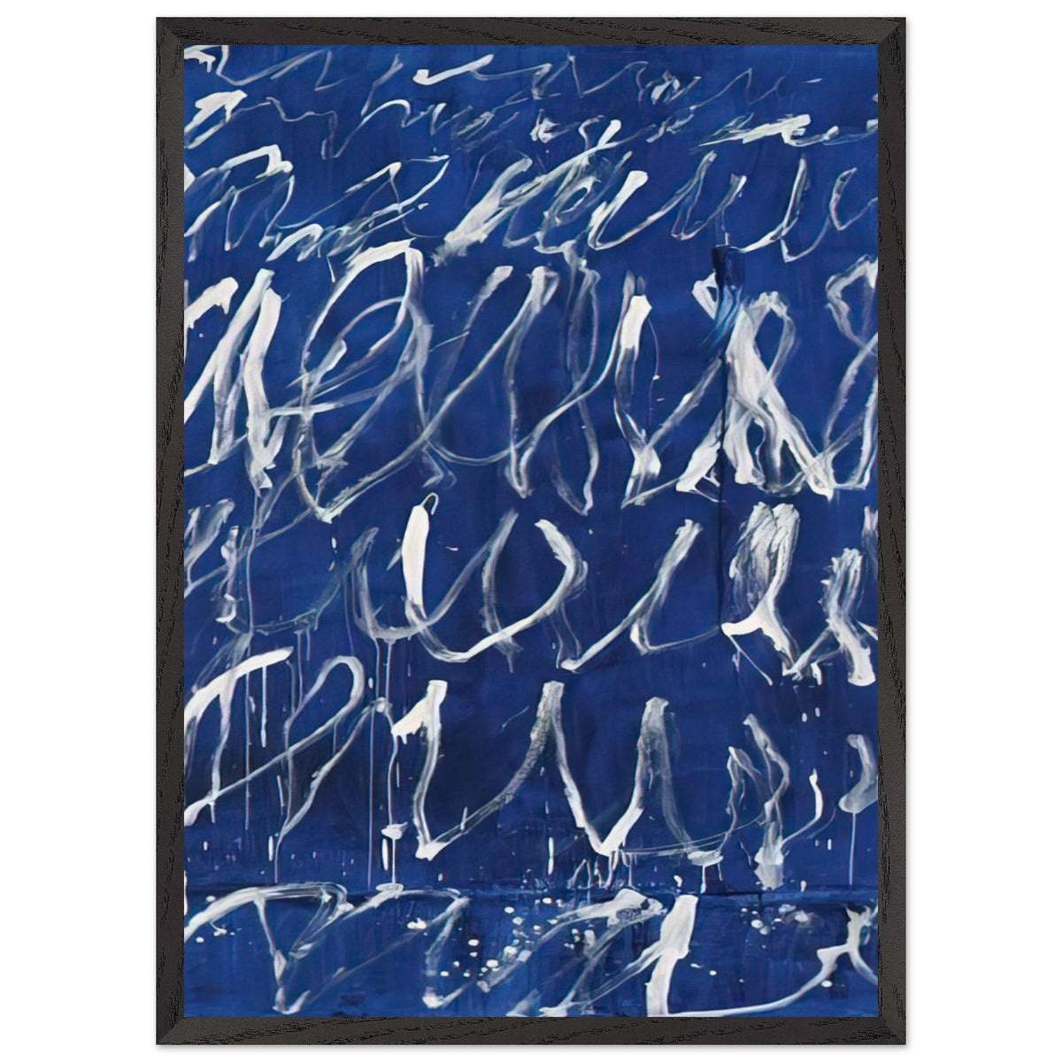 Untitled by Cy Twombly, framed art print, deep blue ground covered with energetic white brushstrokes, looping, 40x50 cm (16x20 in), black frame
