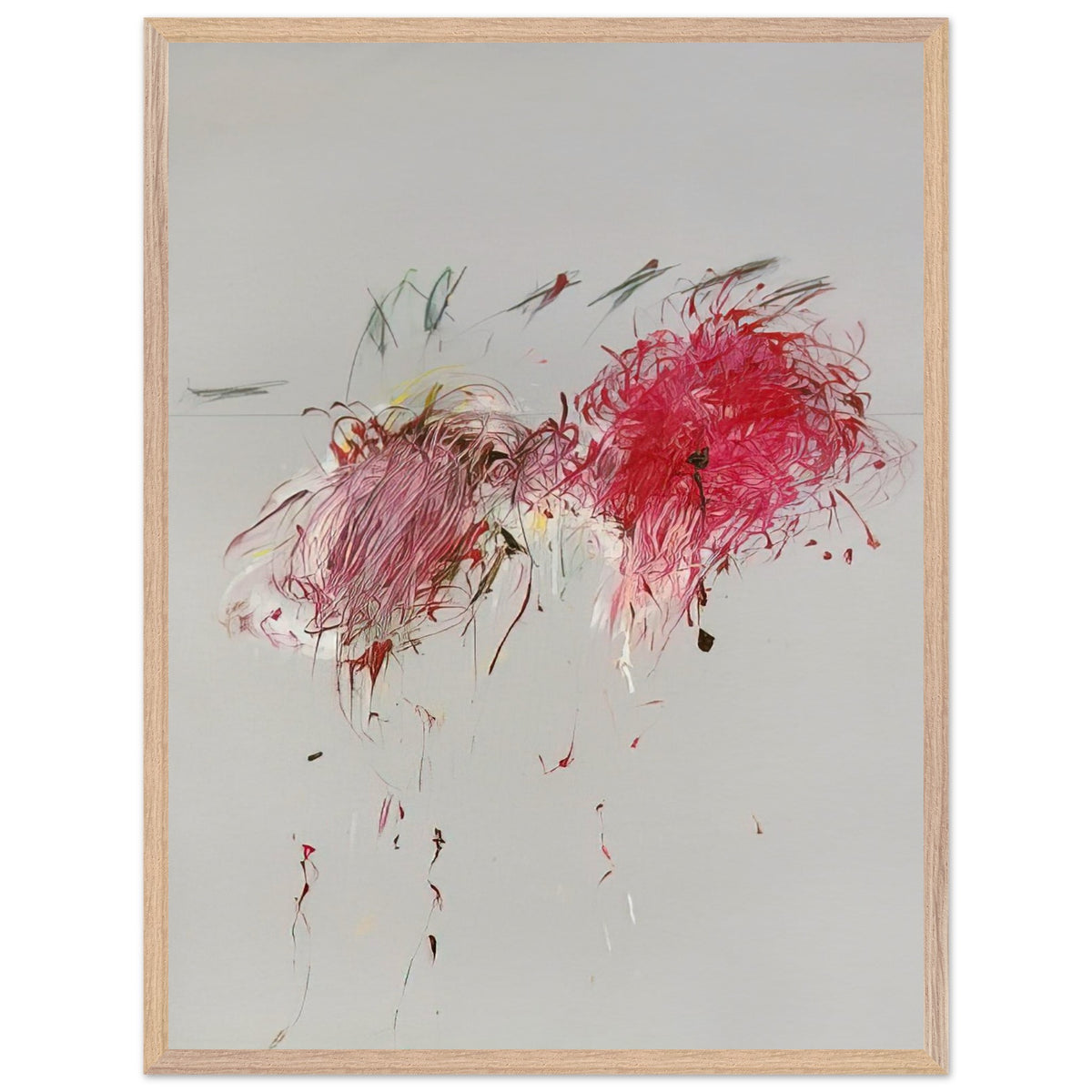 Nicola's Irises by Cy Twombly, framed art print, 60x80 cm / 24x32″, Black frame; sweeping red and crimson brushstrokes, delicate pink accents, cool blue details