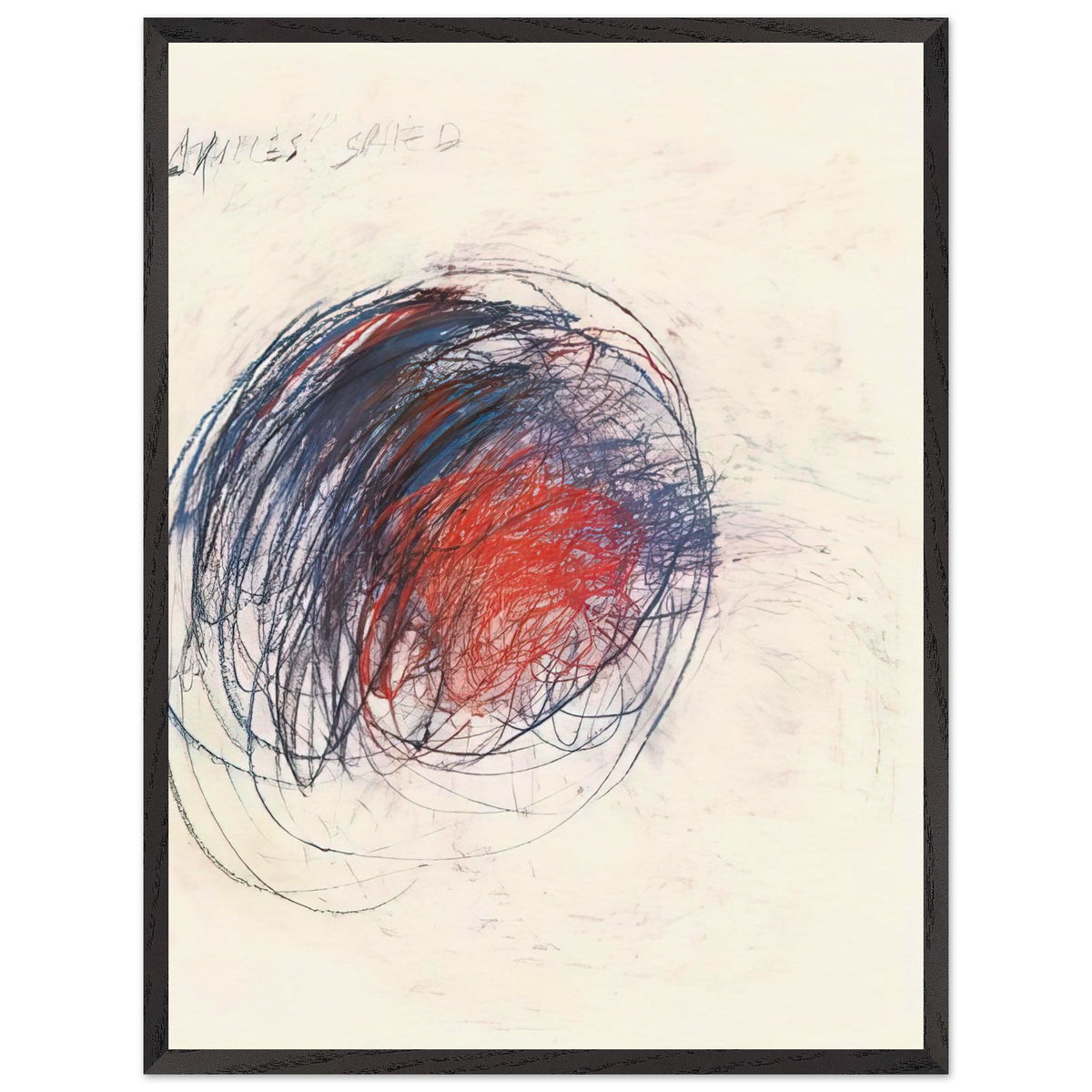 Fifty Days at Iliam: Shield of Achilles by Cy Twombly, framed art print, 50x70 cm / 20x28″, Wood frame; intricate black lines, expressive red strokes, deep blue accents