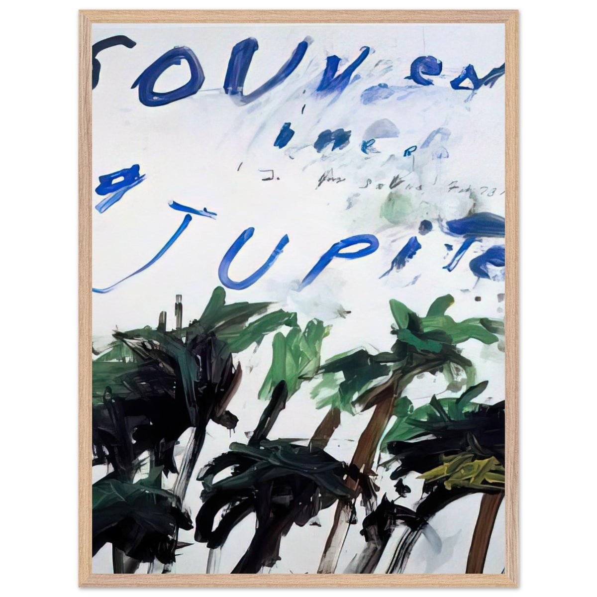 Souvenir of Jupiter by Cy Twombly, framed art print, handwritten lettering, gestural abstraction, 27x35 cm (11x14 in), wood frame