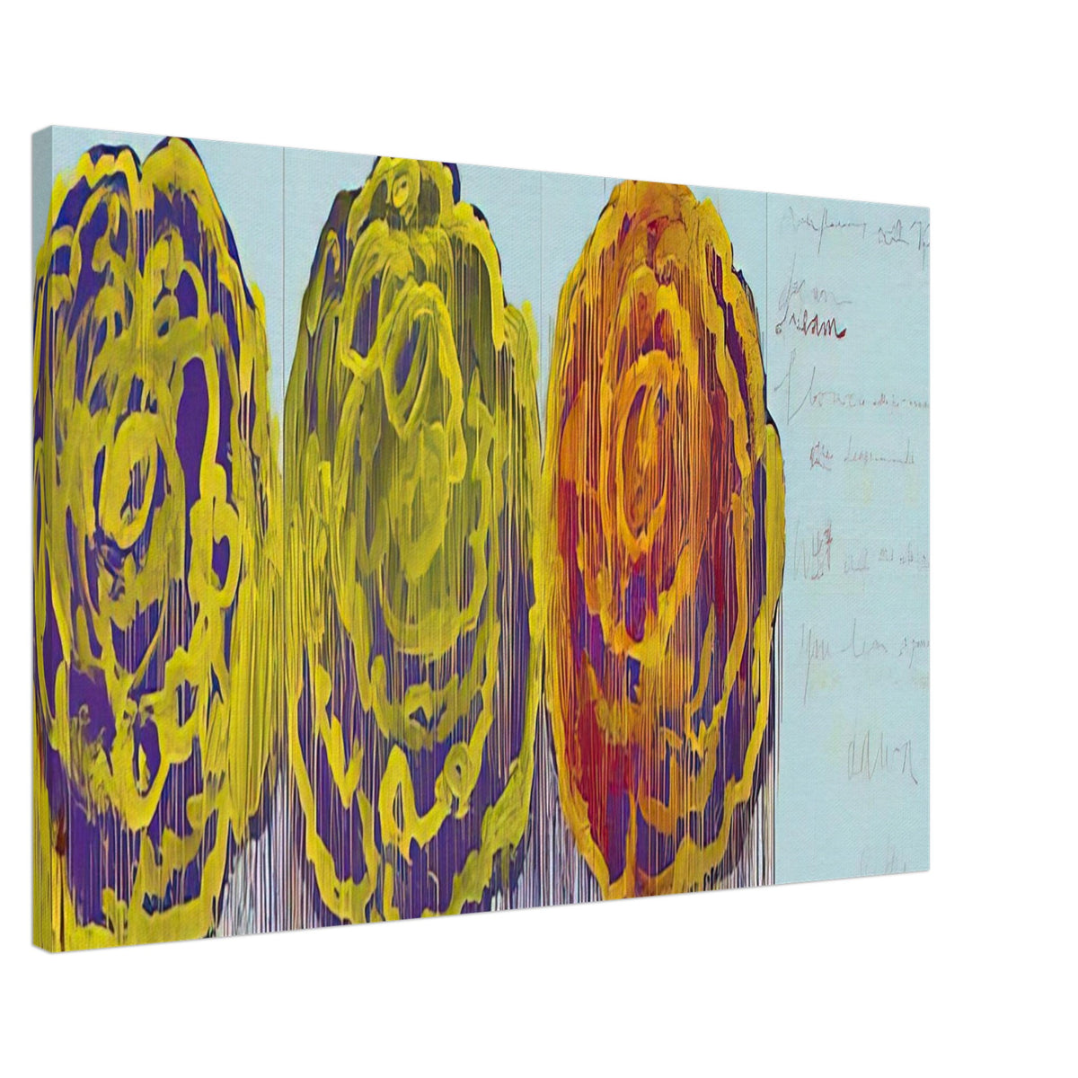 The Rose (III) by Cy Twombly canvas print, 70 × 100 cm / 28 × 40 in: This striking composition features three large, rose-inspired forms in vivid yellow, orange, green….