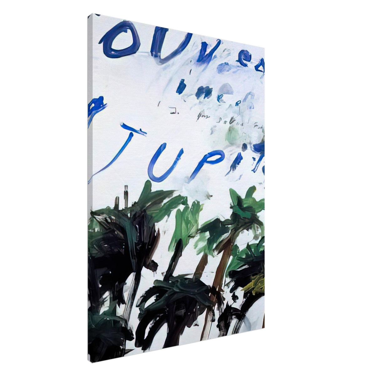 Souvenir of Jupiter by Cy Twombly, canvas print, bold blue handwritten lettering with sweeping green, black, 45x60 cm (18x24 in)